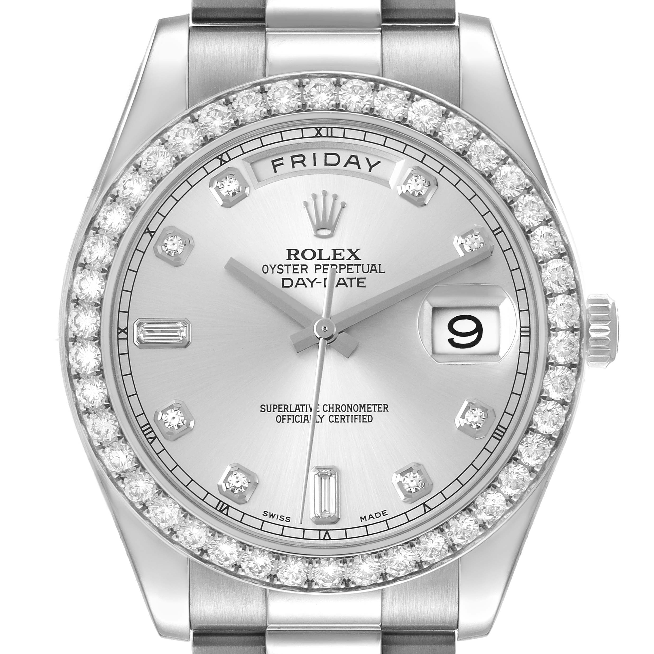 The Rolex President 218349 Men's White Gold Silver Dial 218349 Men's White Gold Silver Dial model watch is shown from a front angle, highlighting the dial, diamond bezel, and day-date features.