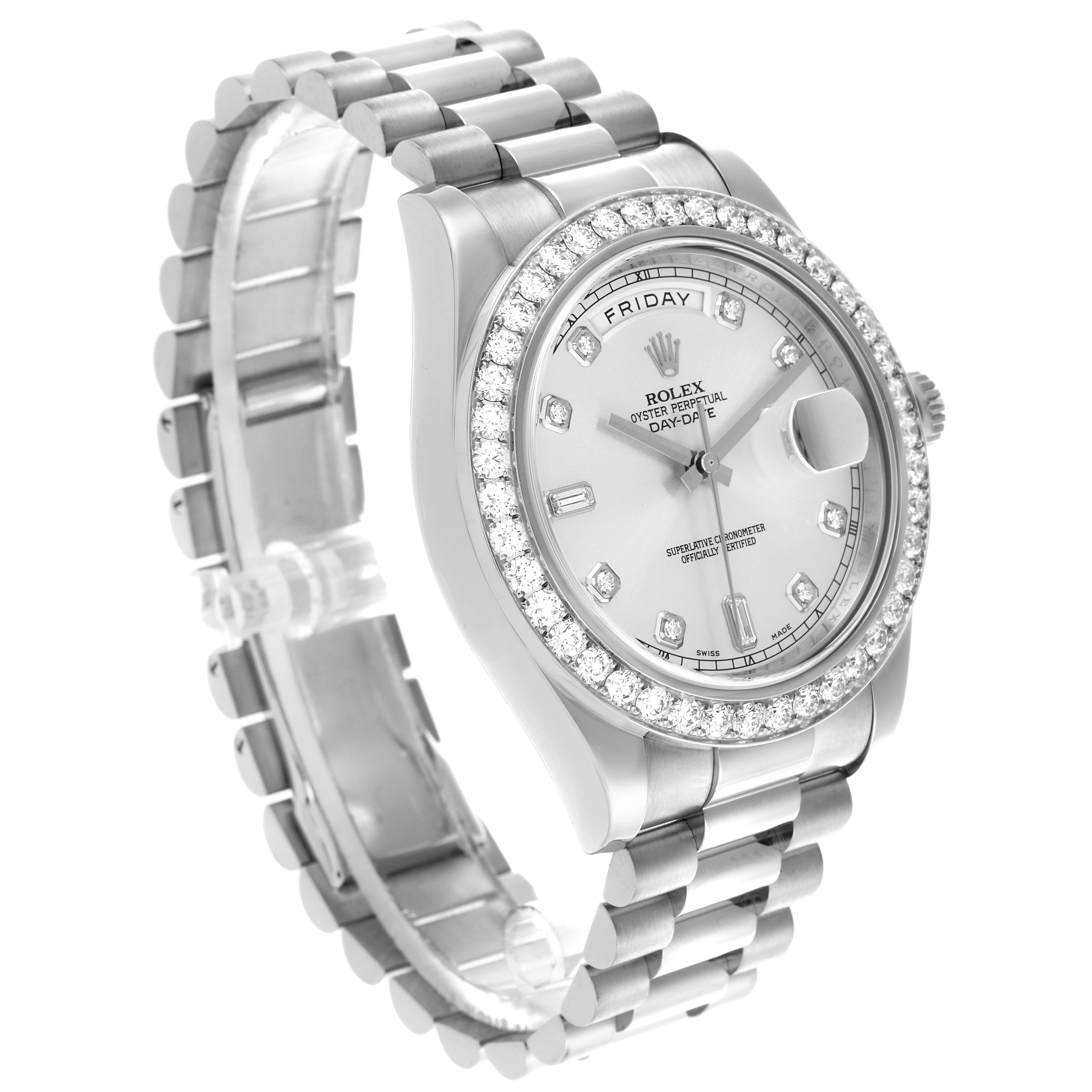 The Rolex President 218349 Men's White Gold Silver Dial 218349 Men's White Gold Silver Dial model is shown at a slight angle displaying the bracelet, bezel, dial, and crown.
