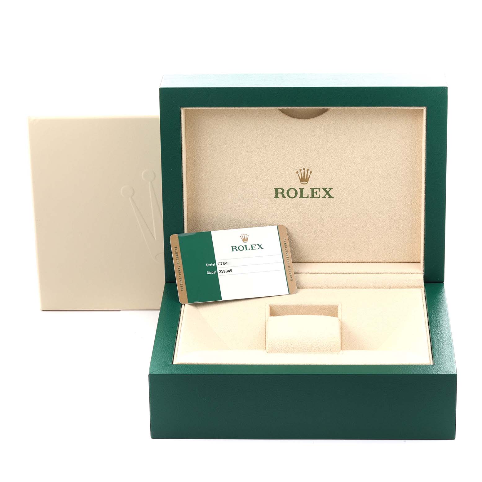 The image shows an open Rolex President 218349 Men's White Gold Silver Dial 218349 Men's White Gold Silver Dial model watch box with a warranty card inside.