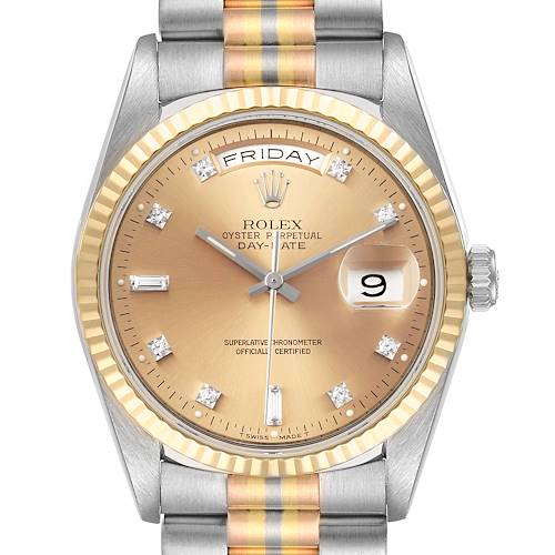 The Rolex President 18239 Men's White Gold Brown Dial model watch is shown from a front angle, highlighting its dial, bezel, and partial bracelet.