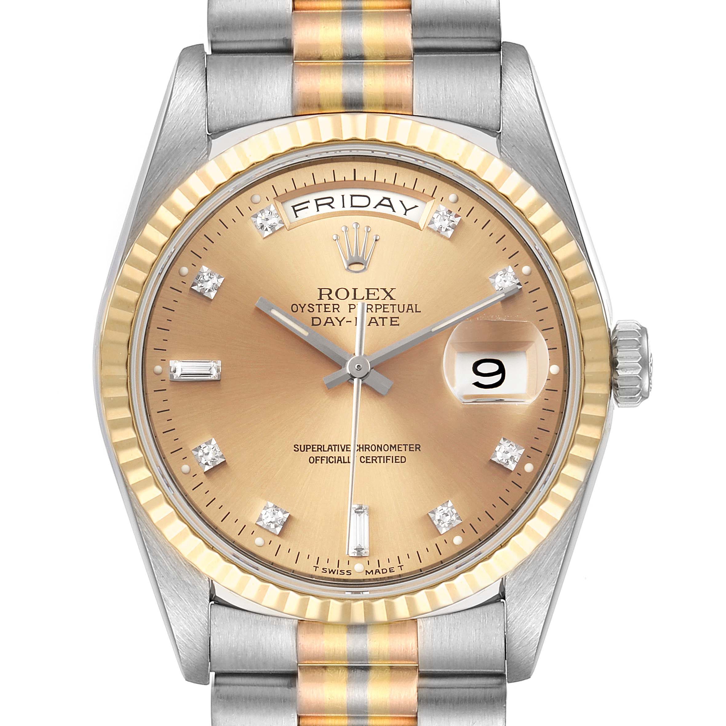 The Rolex President 18239 Men's White Gold Brown Dial model is shown from the front, highlighting the watch face, bezel, and part of the bracelet.