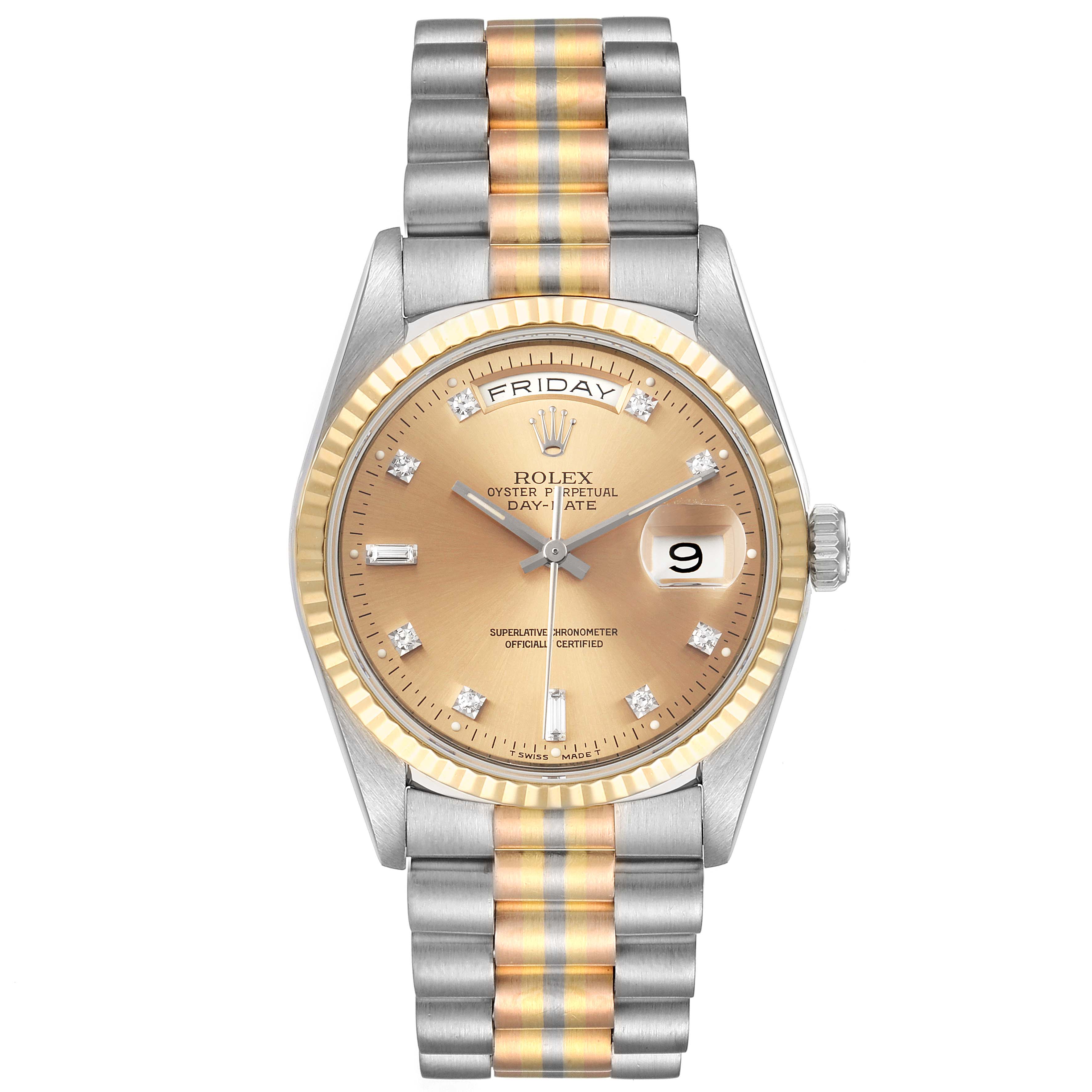 The Rolex President 18239 Men's White Gold Brown Dial model watch is shown from a top-down angle, displaying its face, bezel, and two-tone bracelet.