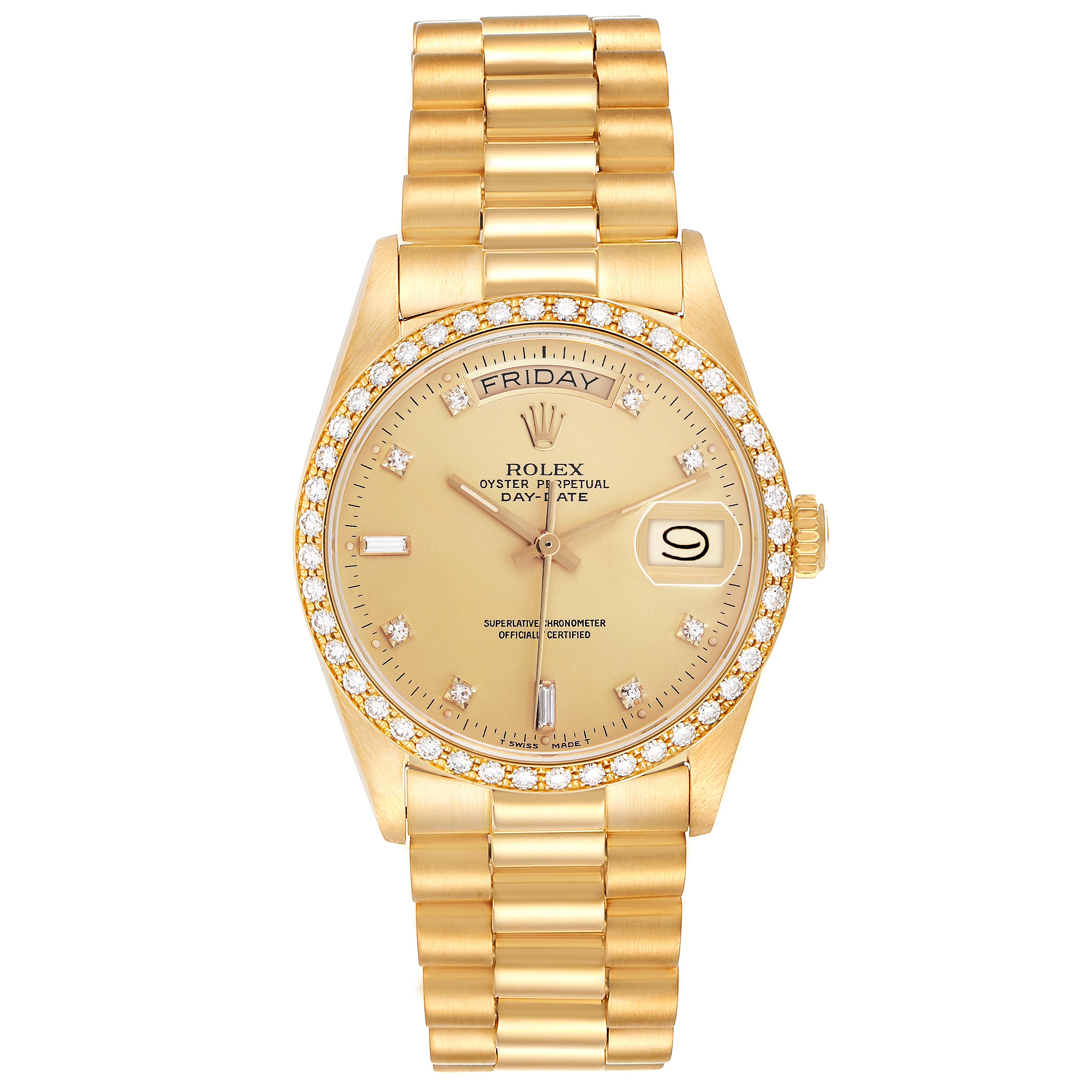 The Rolex President 18048 Men's Yellow Gold Champagne Dial model watch is shown from the front, highlighting the face, bracelet, and bezel with diamond details.