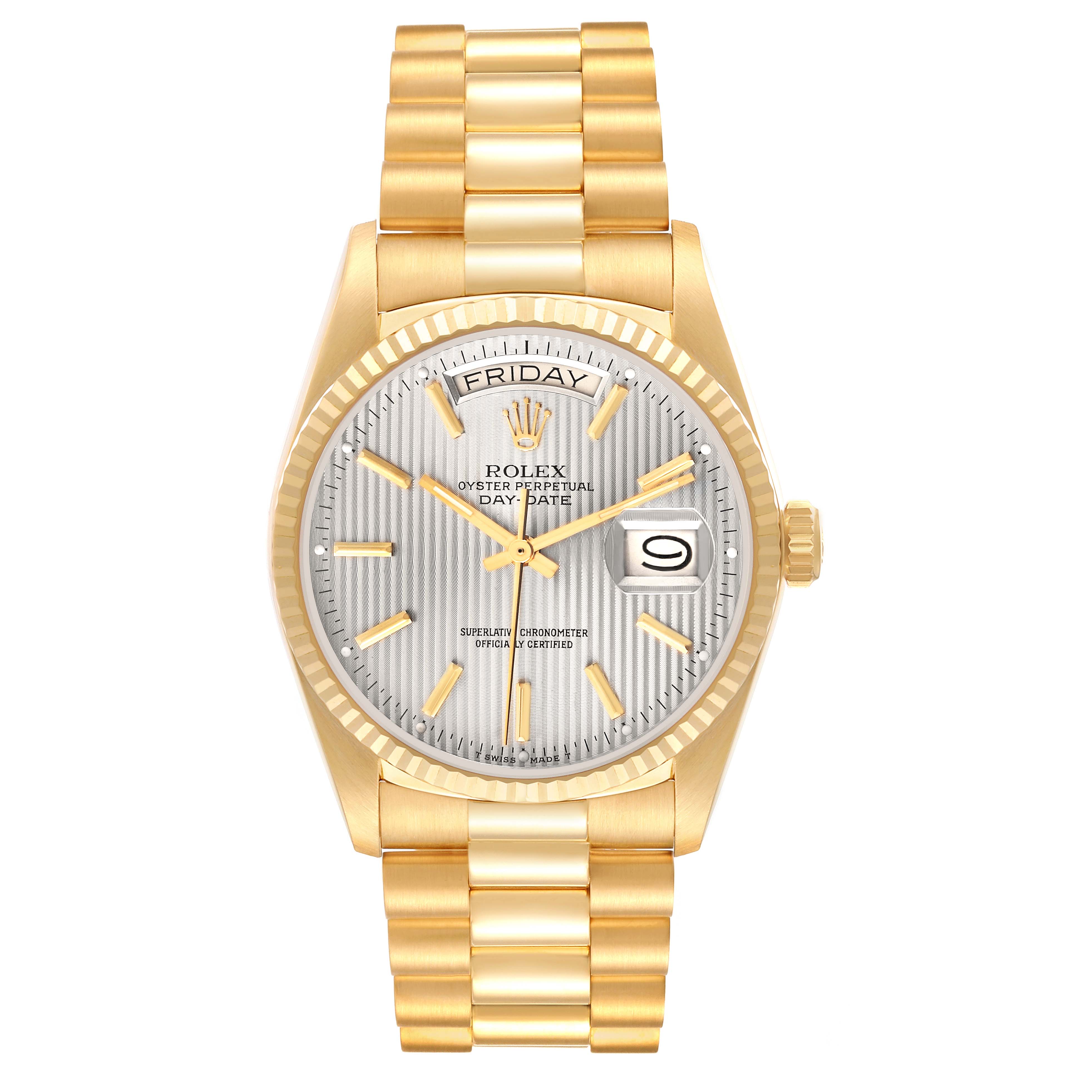 The Rolex President 18038 Men's Yellow Gold Silver Dial 18038 Men's Yellow Gold Silver Dial model watch is shown from the front, displaying the dial, bezel, bracelet, and crown clearly.