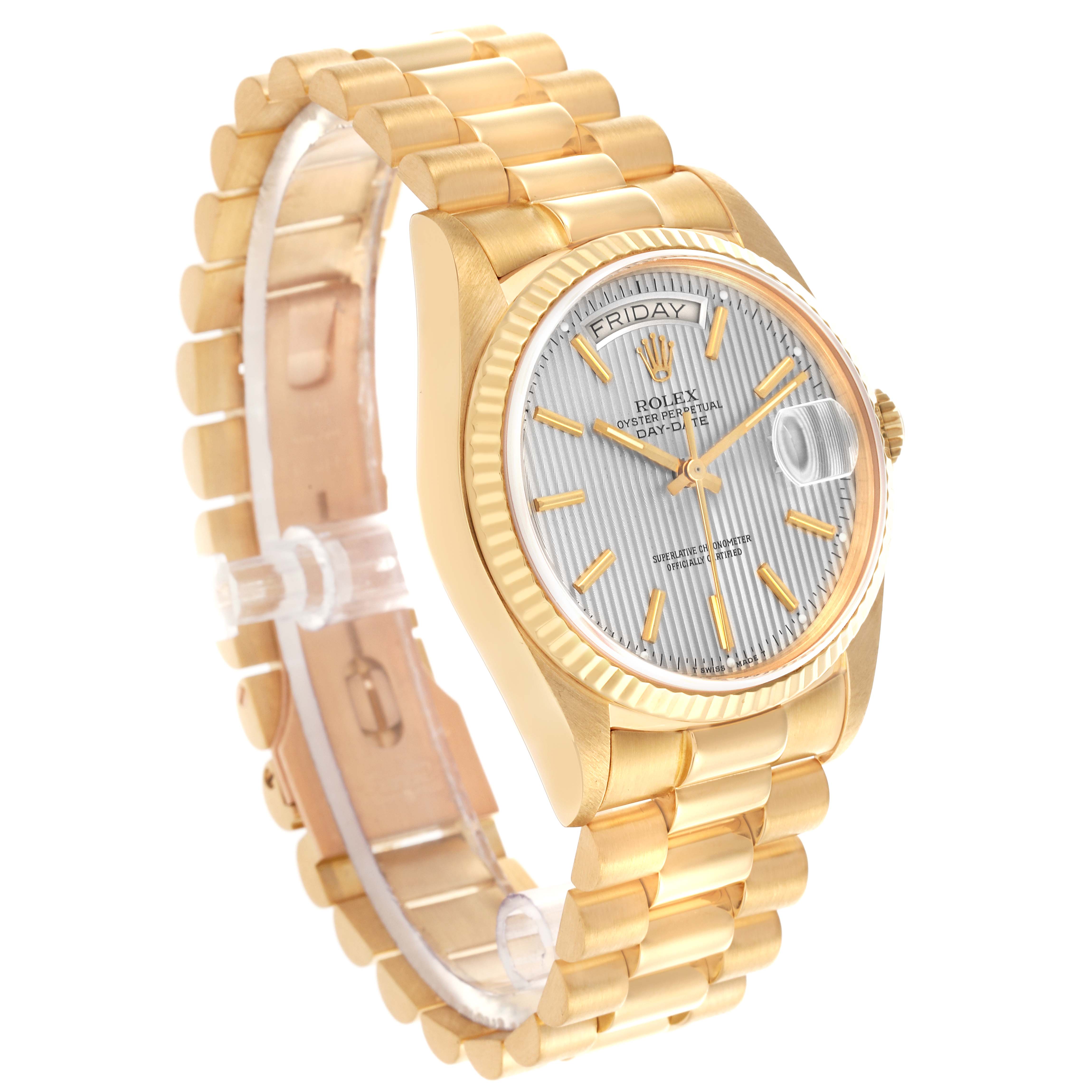 The Rolex President 18038 Men's Yellow Gold Silver Dial 18038 Men's Yellow Gold Silver Dial model is shown at a three-quarter angle, highlighting the dial, fluted bezel, and gold bracelet.