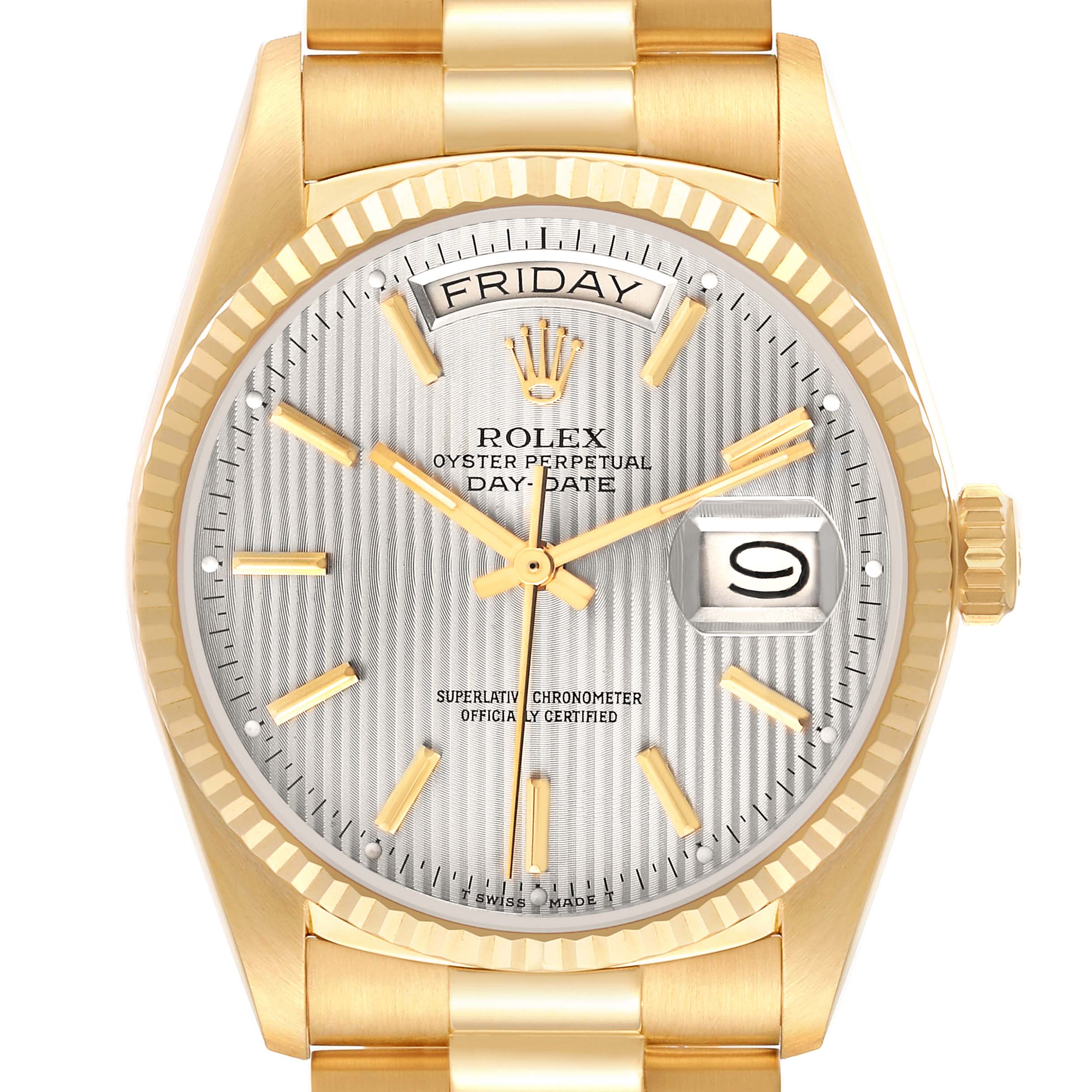 The Rolex President 18038 Men's Yellow Gold Silver Dial 18038 Men's Yellow Gold Silver Dial model is shown from the front, displaying its face, day-date feature, and gold bracelet.