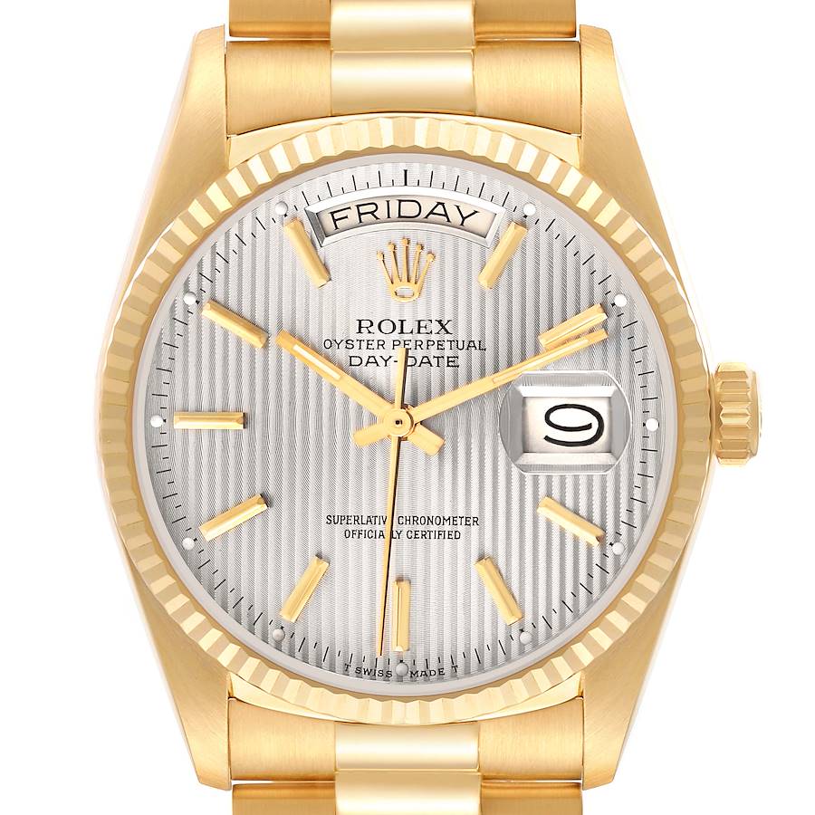 The Rolex President model is shown from the front, displaying its face, day-date feature, and gold bracelet.