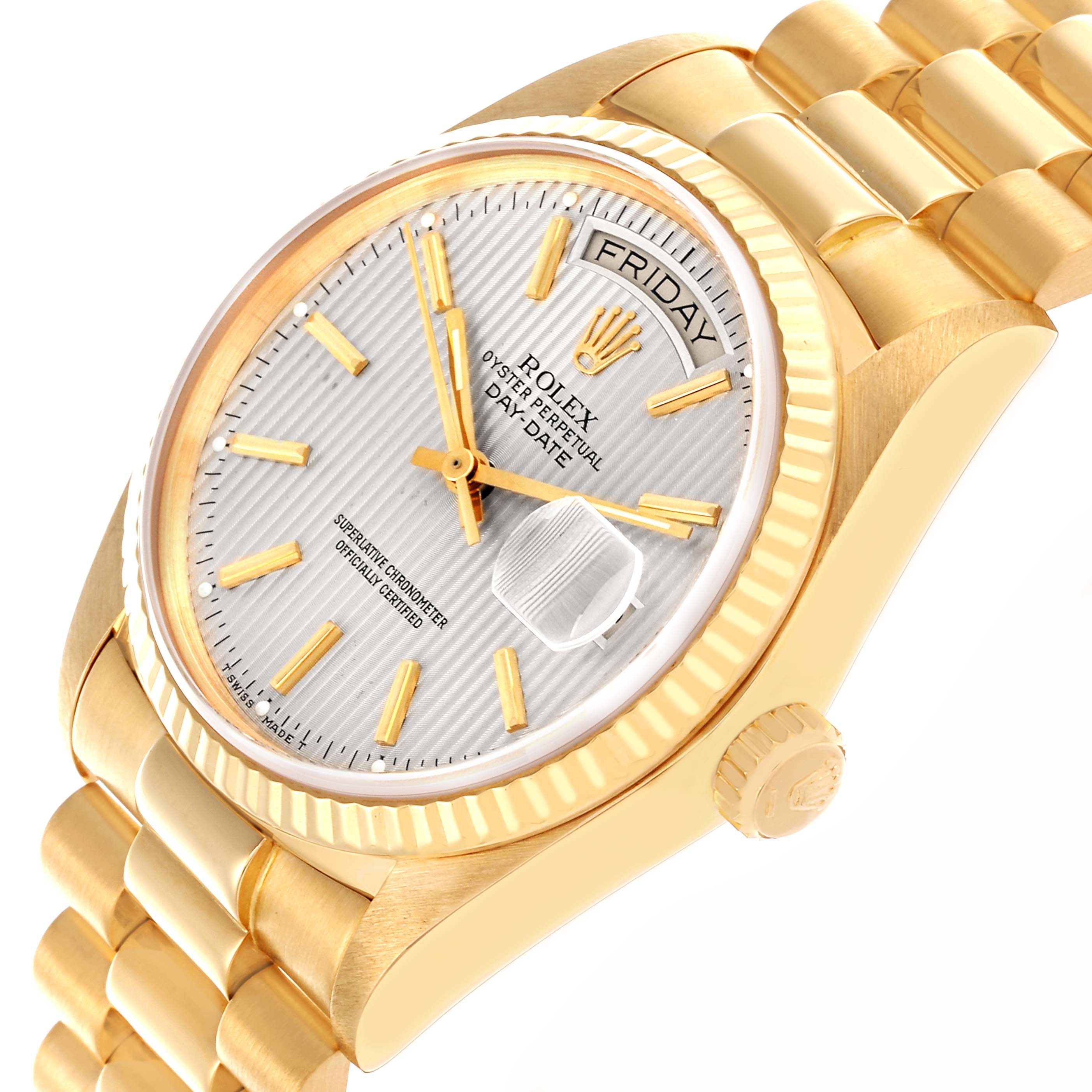 The Rolex President 18038 Men's Yellow Gold Silver Dial 18038 Men's Yellow Gold Silver Dial model is shown at an angle highlighting the dial, fluted bezel, crown, and part of the bracelet.