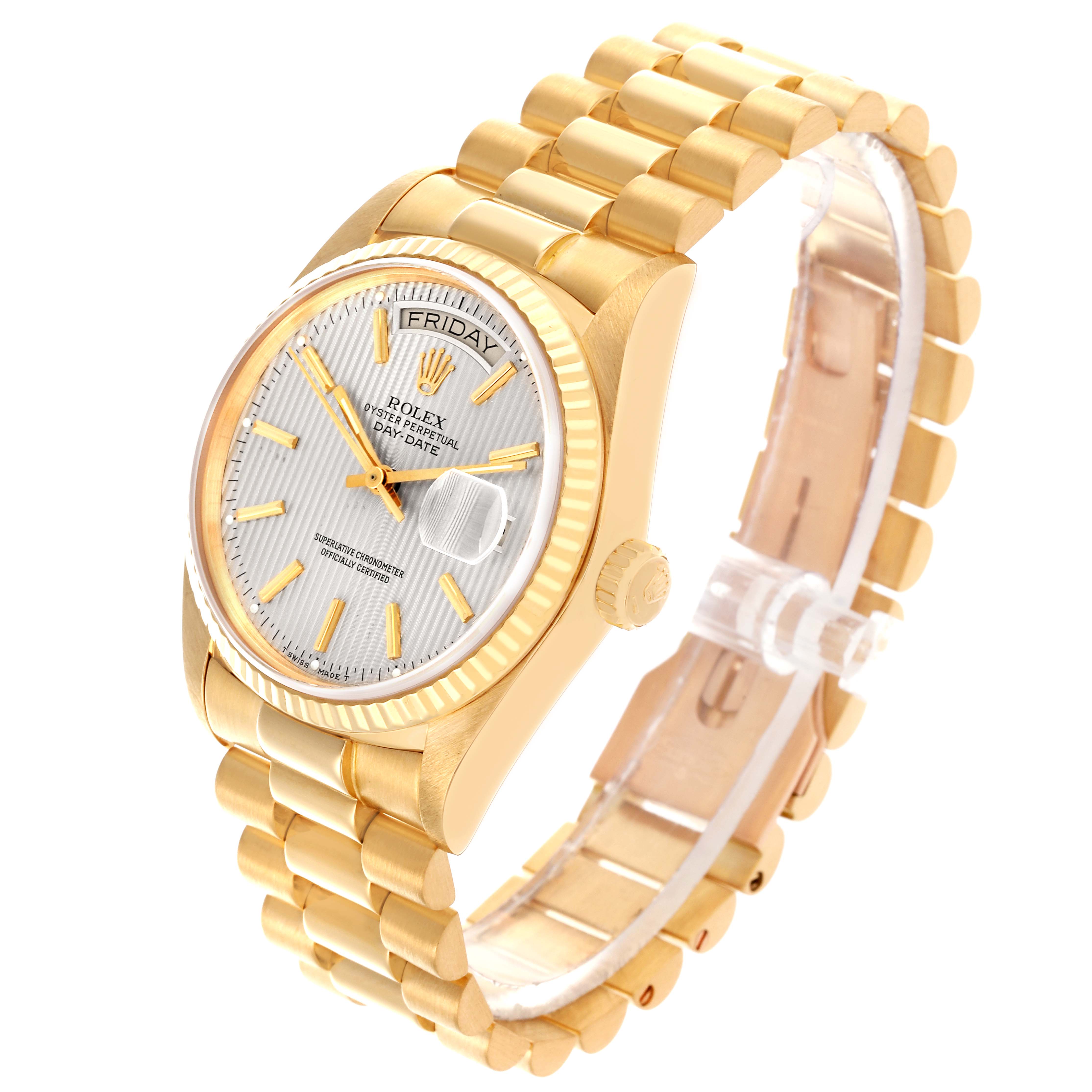 The Rolex President 18038 Men's Yellow Gold Silver Dial 18038 Men's Yellow Gold Silver Dial model is shown at a three-quarter angle, highlighting its bracelet, dial, and fluted bezel.