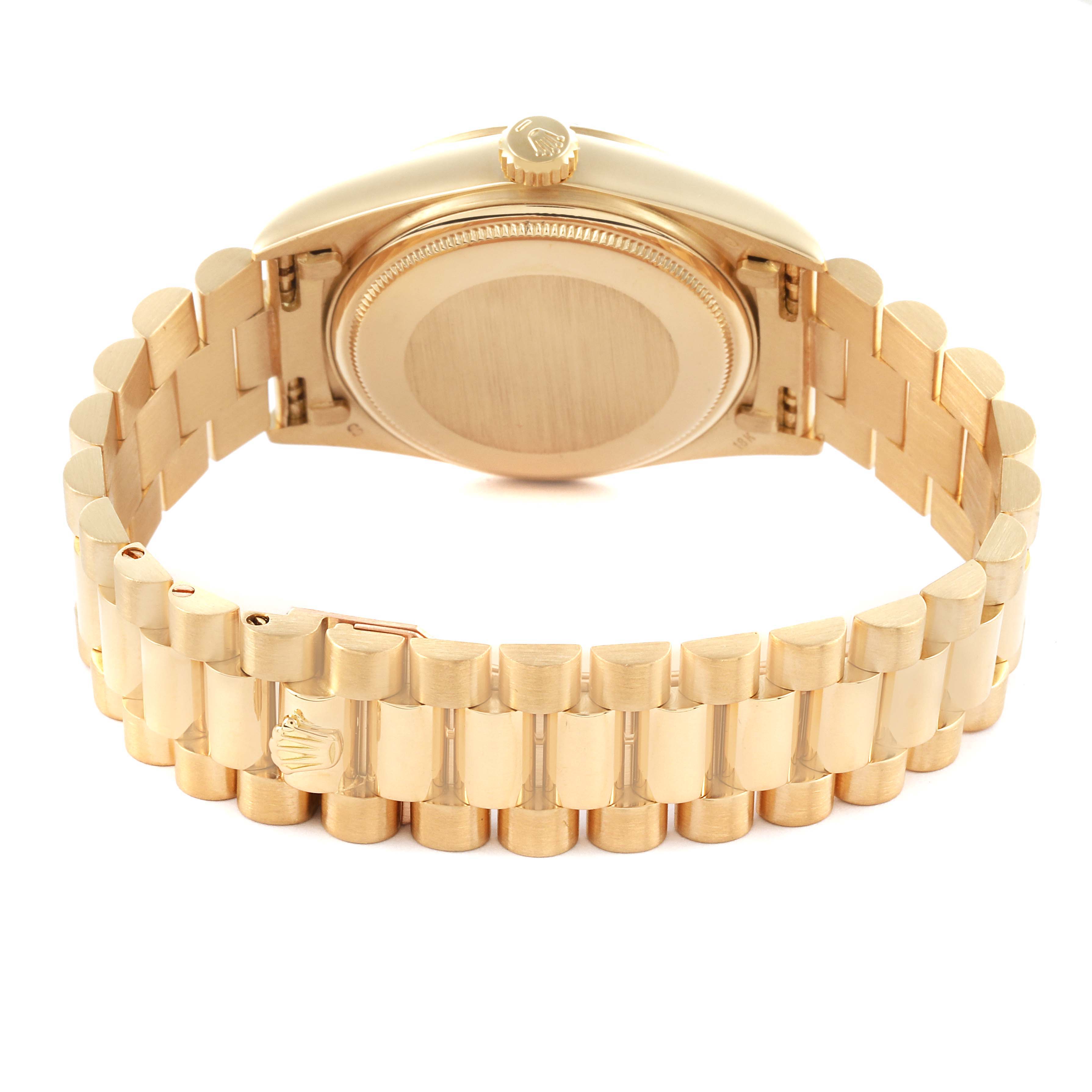 The image shows the back and side of a Rolex President 18038 Men's Yellow Gold Silver Dial 18038 Men's Yellow Gold Silver Dial watch, highlighting the case back, crown, and gold bracelet.