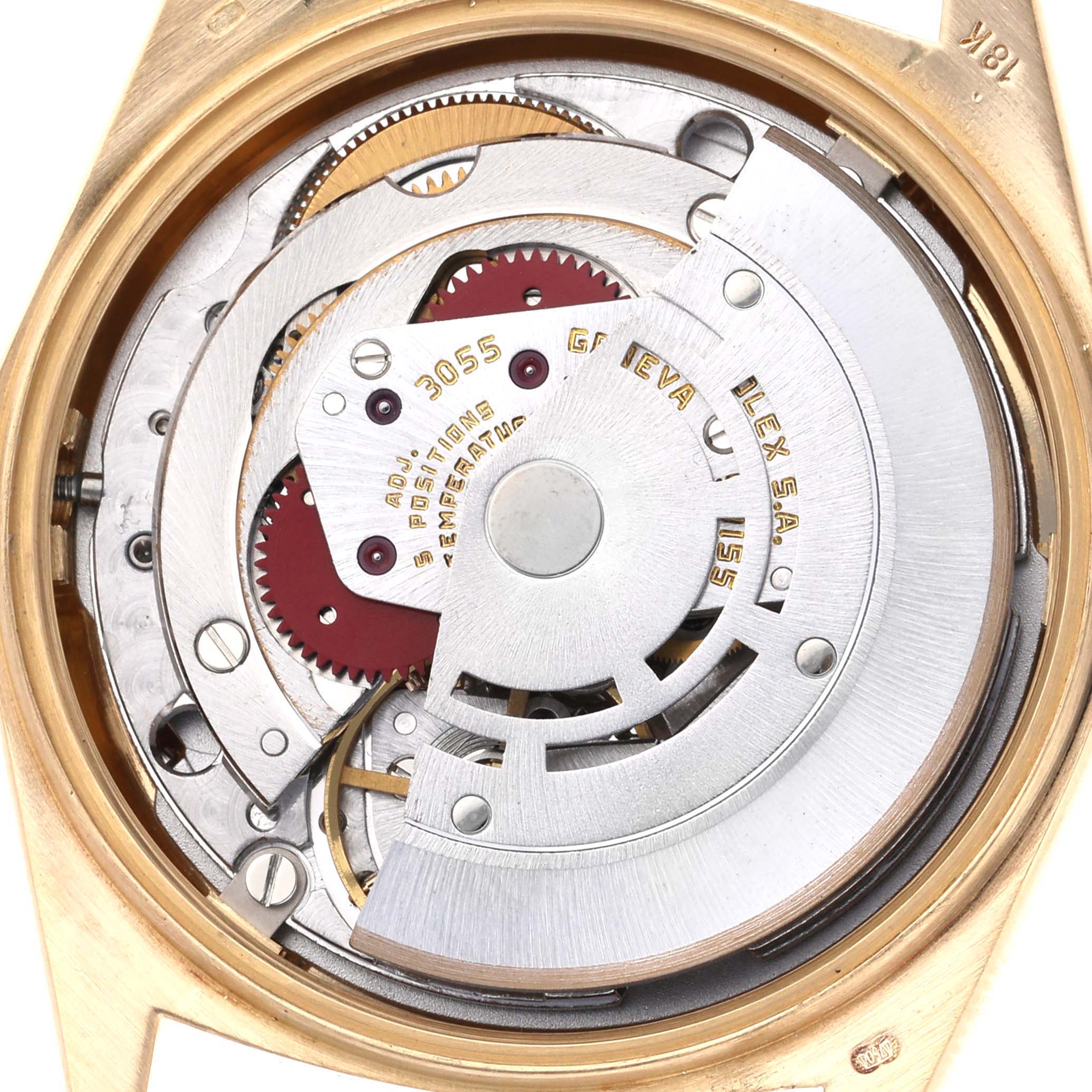 The image shows the internal movement mechanism of a Rolex President 18038 Men's Yellow Gold Silver Dial 18038 Men's Yellow Gold Silver Dial watch from the back view.