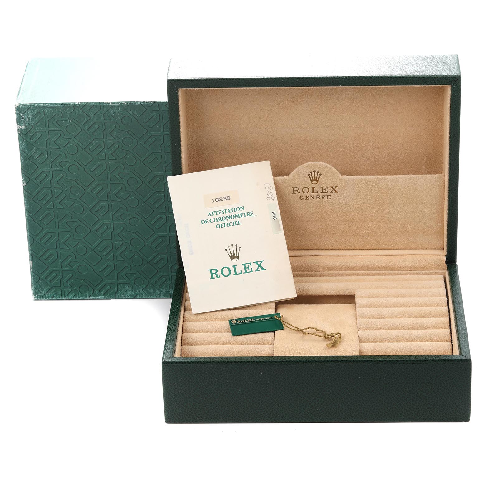 The image shows a Rolex President 18238 Men's Yellow Gold Champagne Dial 18238 Men's Yellow Gold Champagne Dial model watch box, open with an official chronometer certificate and a tag inside.