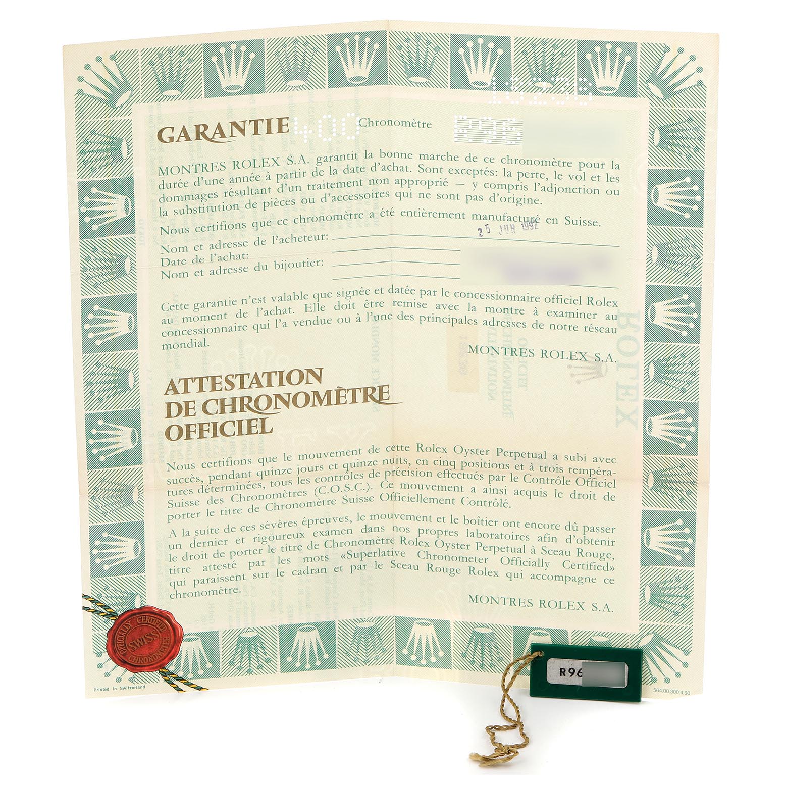 This image shows the warranty and chronometer certification for a Rolex President 18238 Men's Yellow Gold Champagne Dial 18238 Men's Yellow Gold Champagne Dial model.