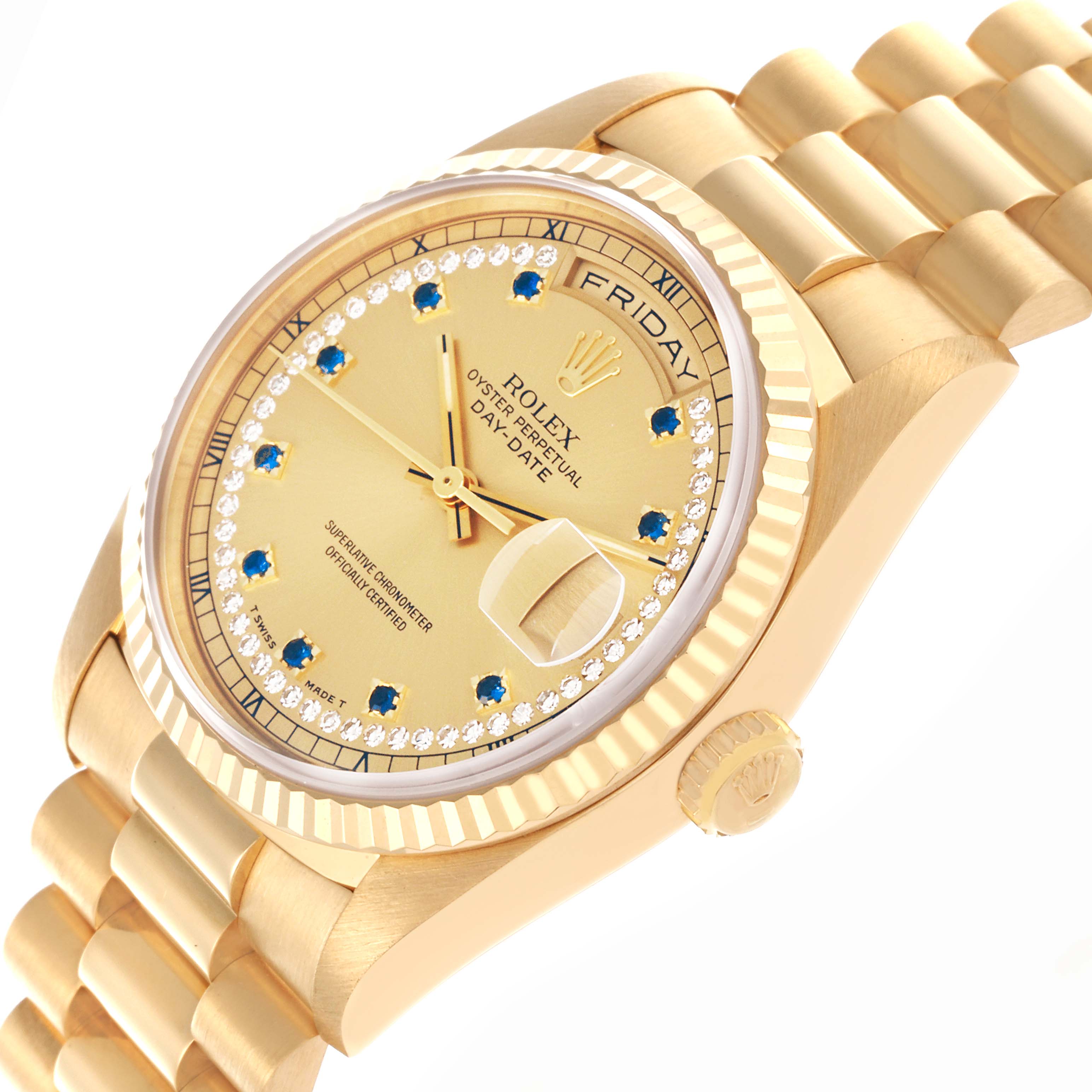 The Rolex President 18238 Men's Yellow Gold Champagne Dial 18238 Men's Yellow Gold Champagne Dial model is shown at a three-quarter angle, displaying the watch face, bezel, crown, and part of the bracelet.