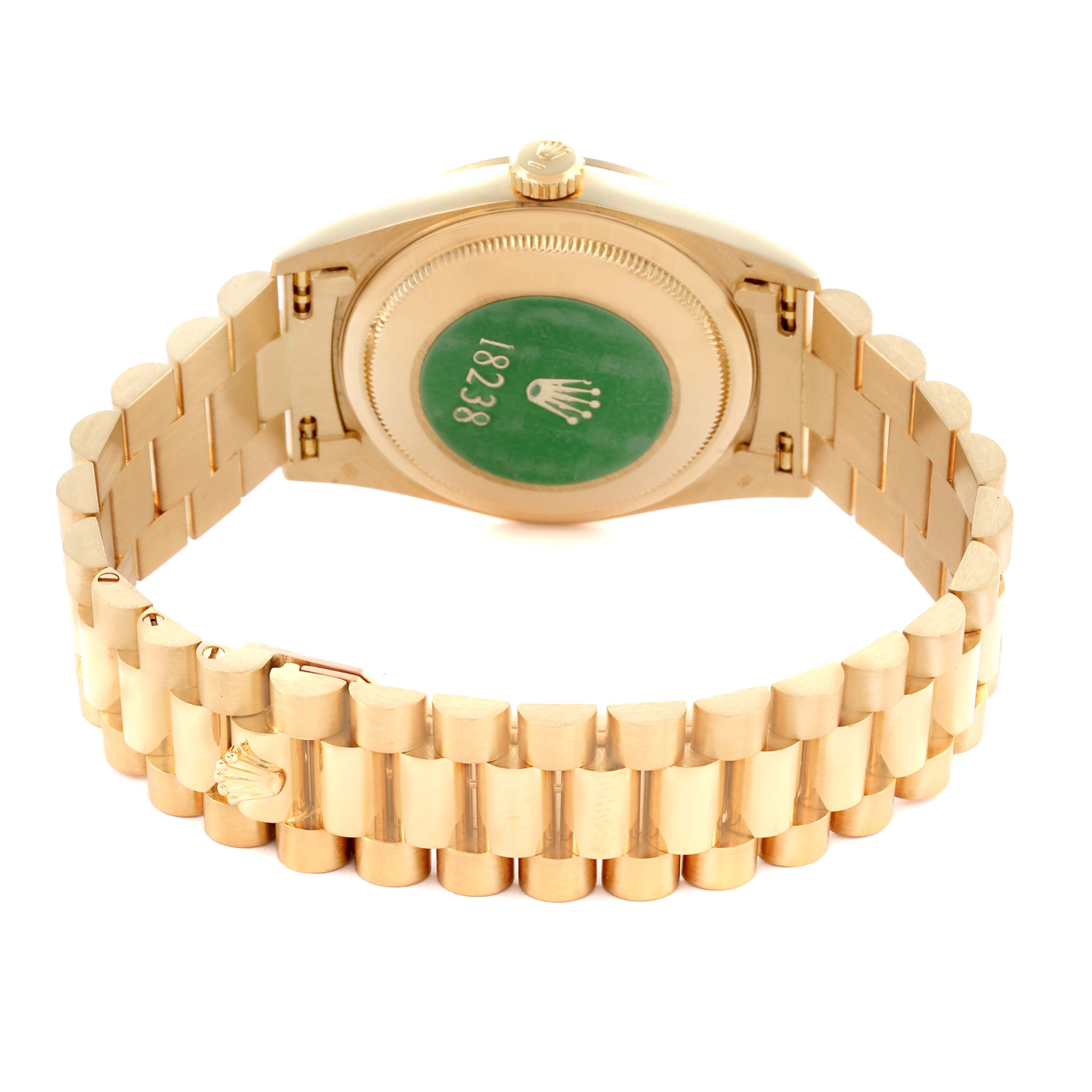 The image shows the back view of a Rolex President 18238 Men's Yellow Gold Champagne Dial 18238 Men's Yellow Gold Champagne Dial watch, highlighting the bracelet and case back.