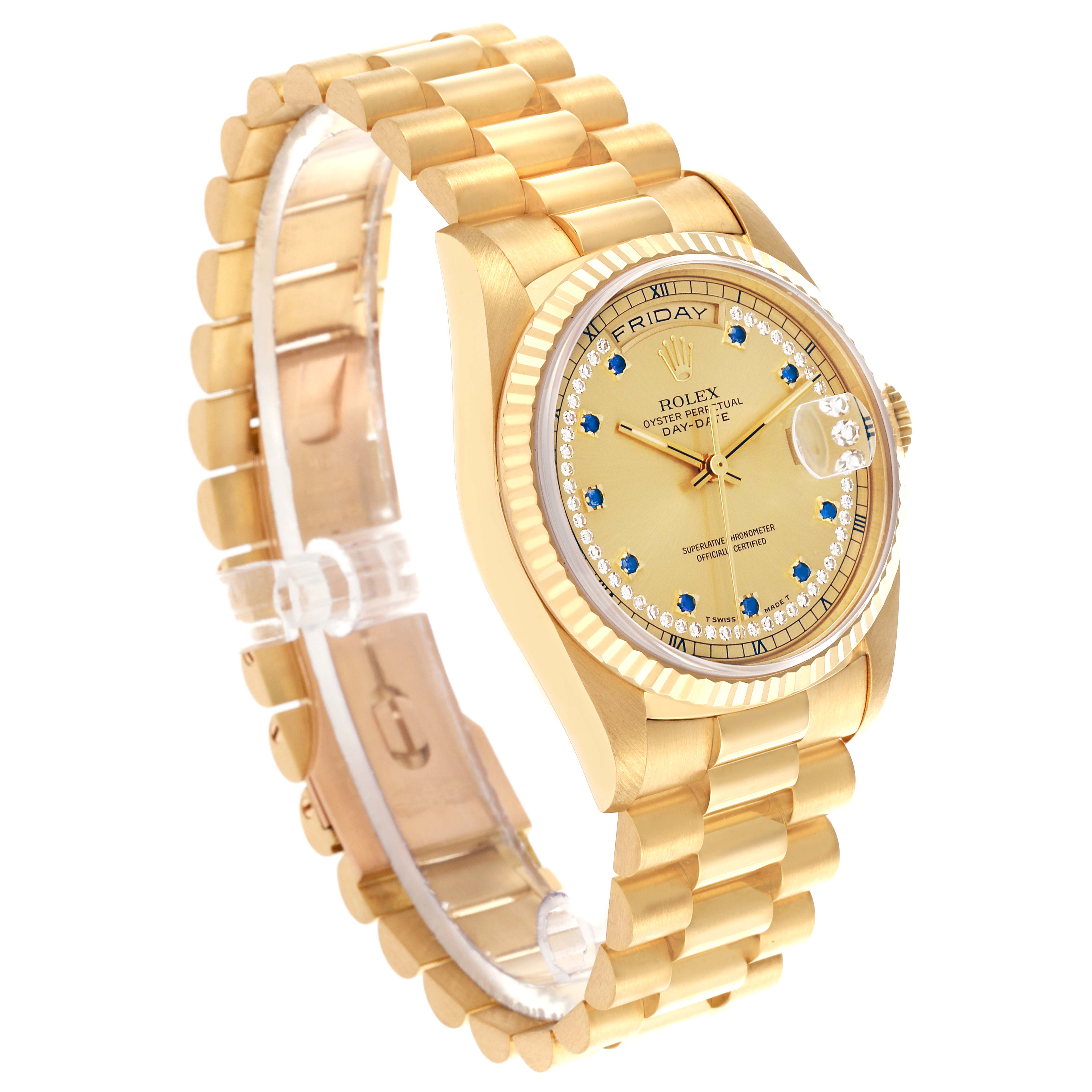 The Rolex President 18238 Men's Yellow Gold Champagne Dial 18238 Men's Yellow Gold Champagne Dial model is shown at an angled view, displaying the bracelet, case, and dial with day and date features.