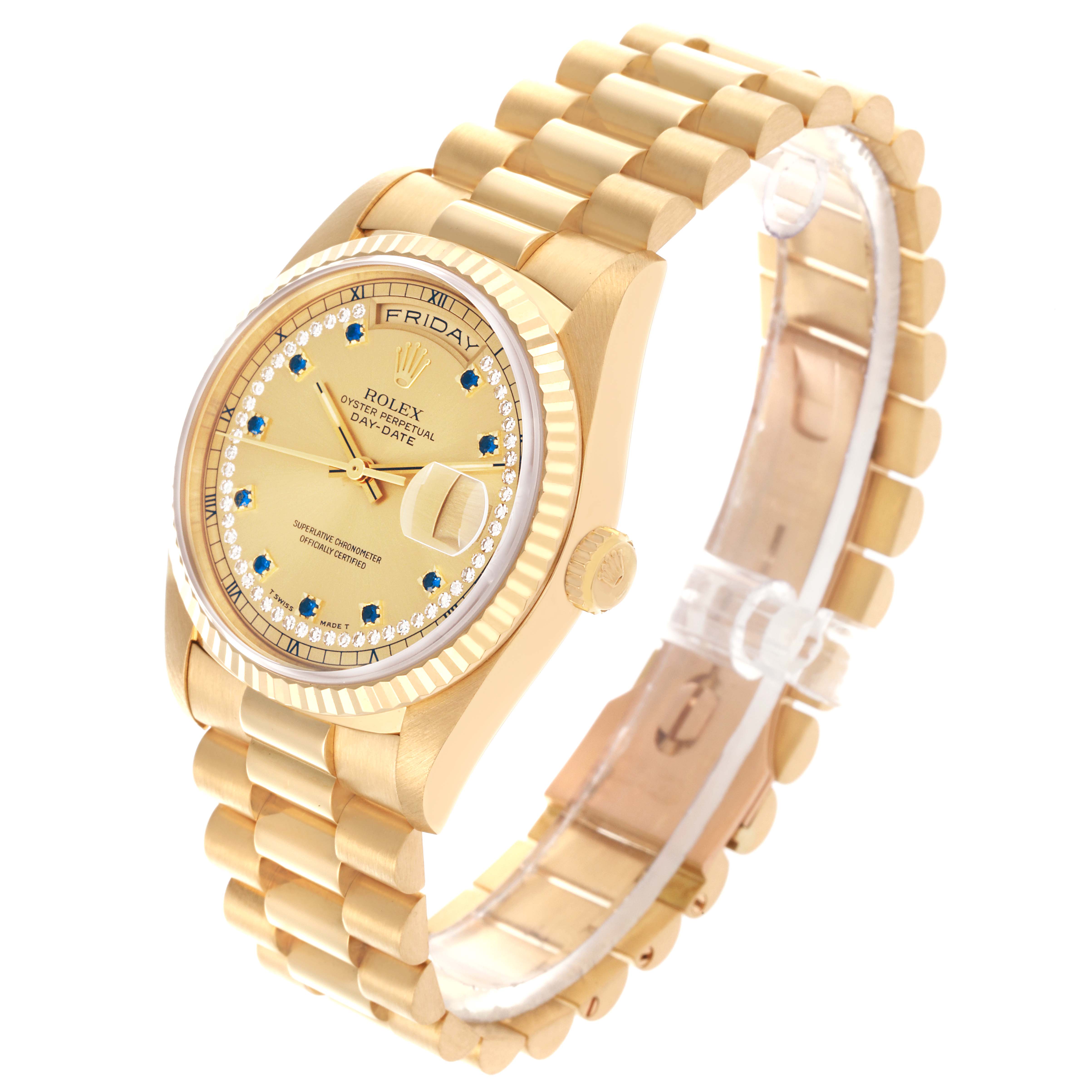 The Rolex President 18238 Men's Yellow Gold Champagne Dial 18238 Men's Yellow Gold Champagne Dial model is shown at an angled view highlighting the face, crown, and gold bracelet.