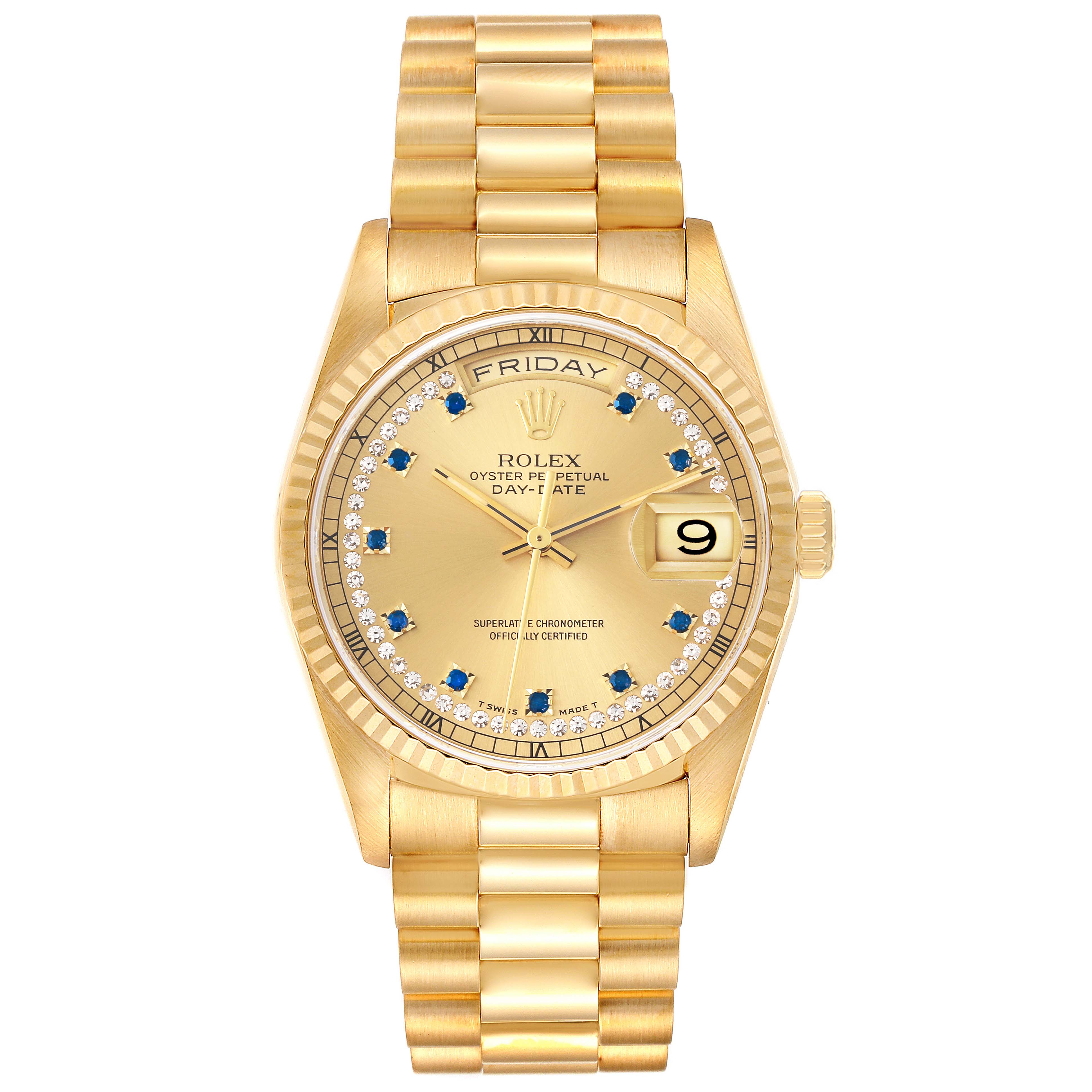 The Rolex President 18238 Men's Yellow Gold Champagne Dial 18238 Men's Yellow Gold Champagne Dial watch is shown from a top-down angle, highlighting the dial, bezel, bracelet, and crown.