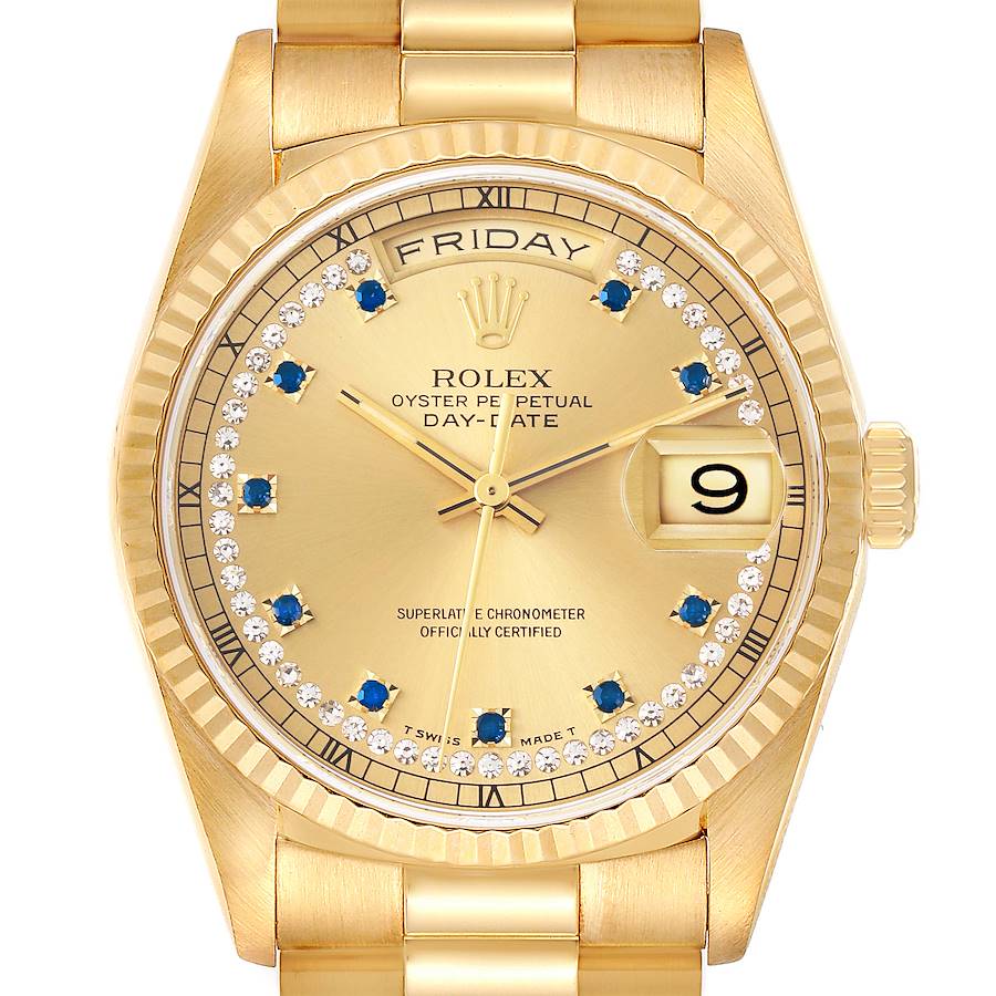 The Rolex President model watch is shown from a front angle, displaying the dial, bezel, day-date windows, and part of the bracelet.