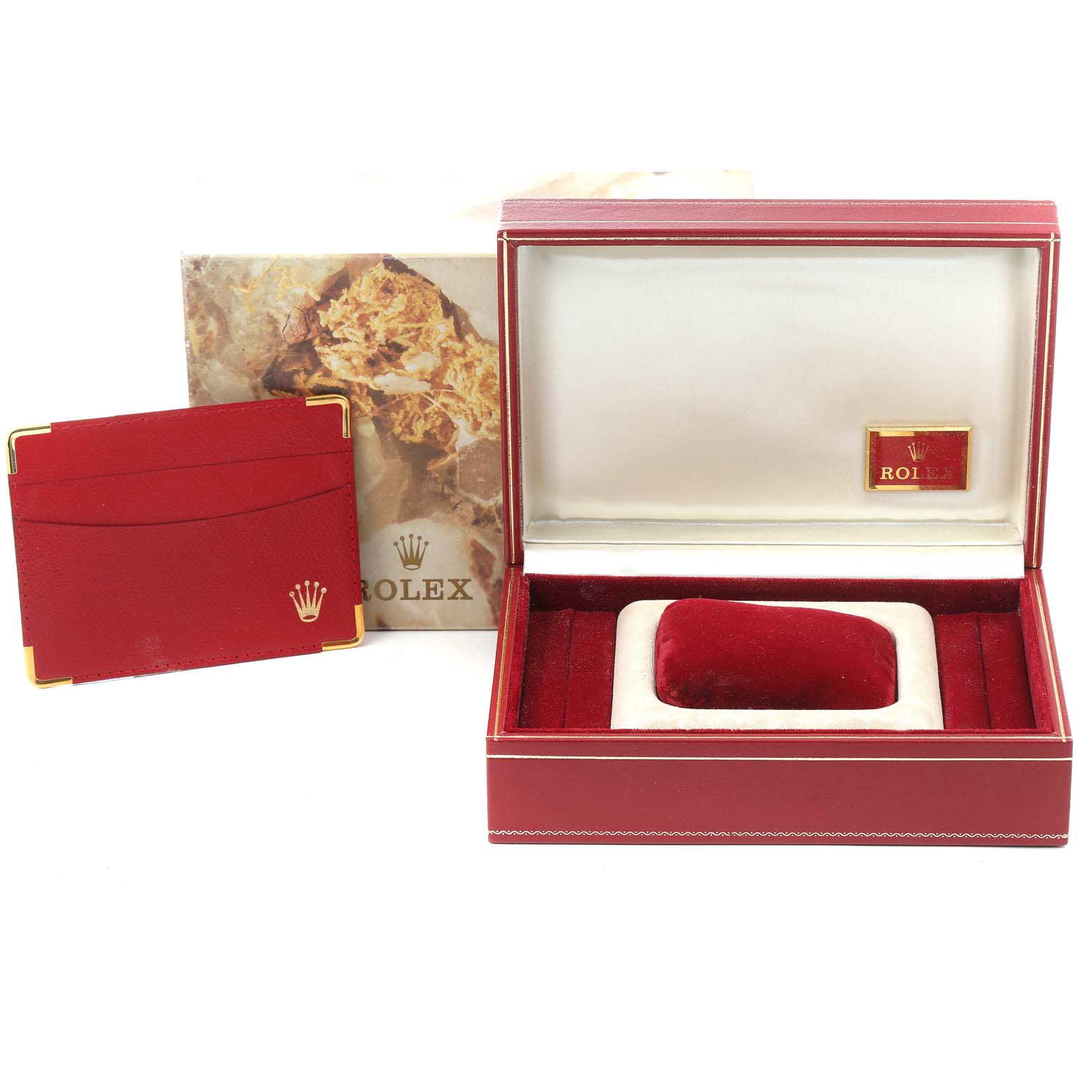 This image shows a Rolex President 69158 Women's Yellow Gold Silver Dial 69158 Women's Yellow Gold Silver Dial model watch box, with a cardholder and the outer packaging also visible.