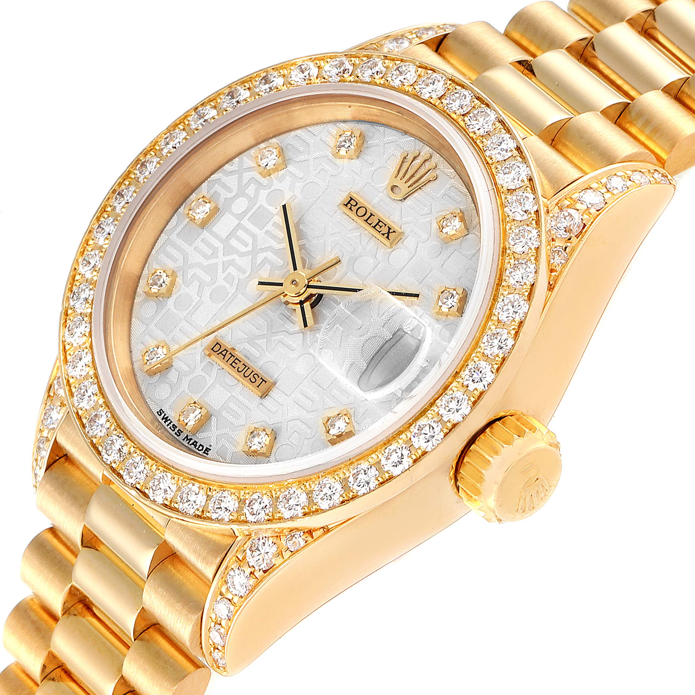 The image shows a close-up of the Rolex President 69158 Women's Yellow Gold Silver Dial 69158 Women's Yellow Gold Silver Dial model watch, highlighting the face, bezel, crown, and part of the bracelet.