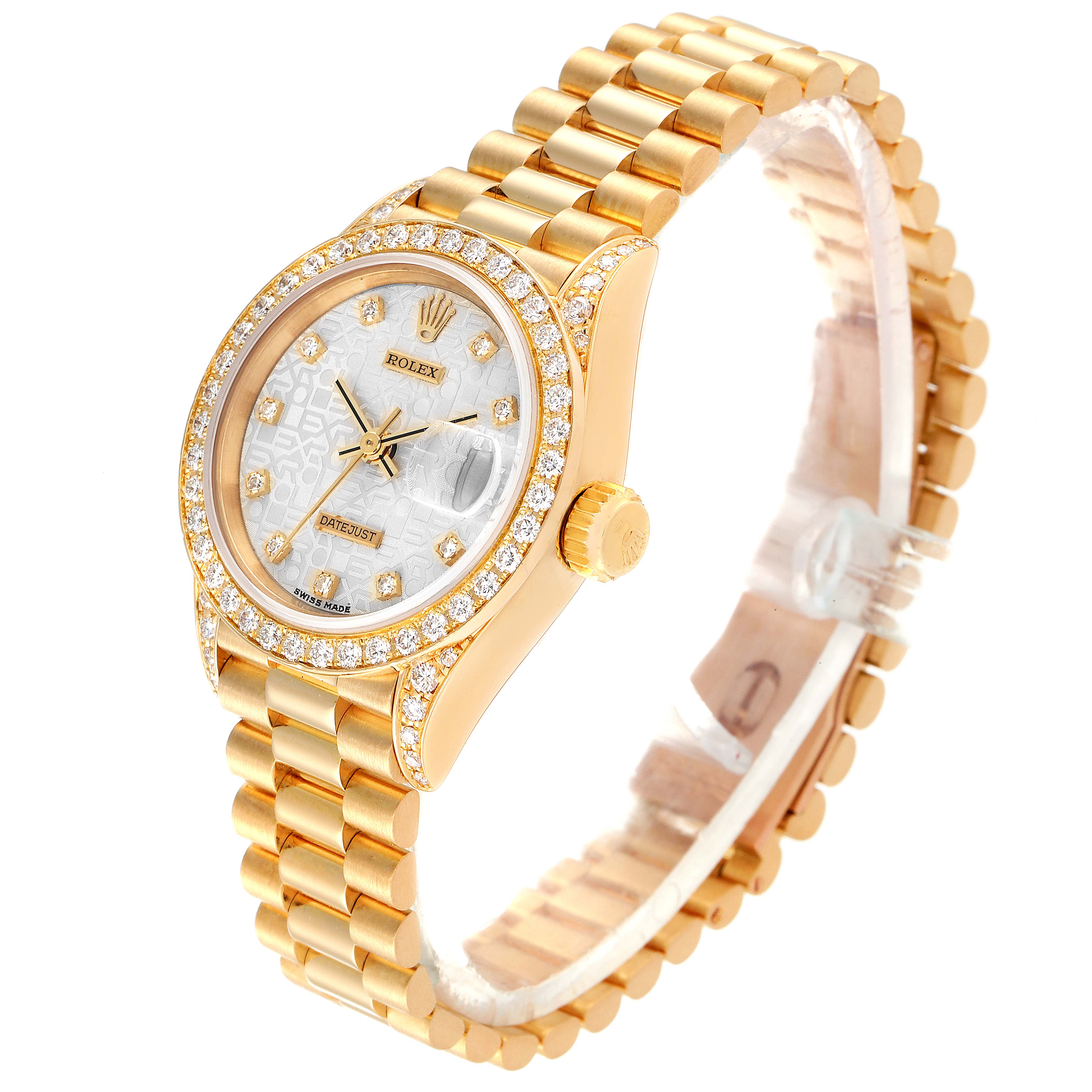 The image shows a side and front angle of the Rolex President 69158 Women's Yellow Gold Silver Dial 69158 Women's Yellow Gold Silver Dial model watch, highlighting its gold band, bezel with diamonds, and face.