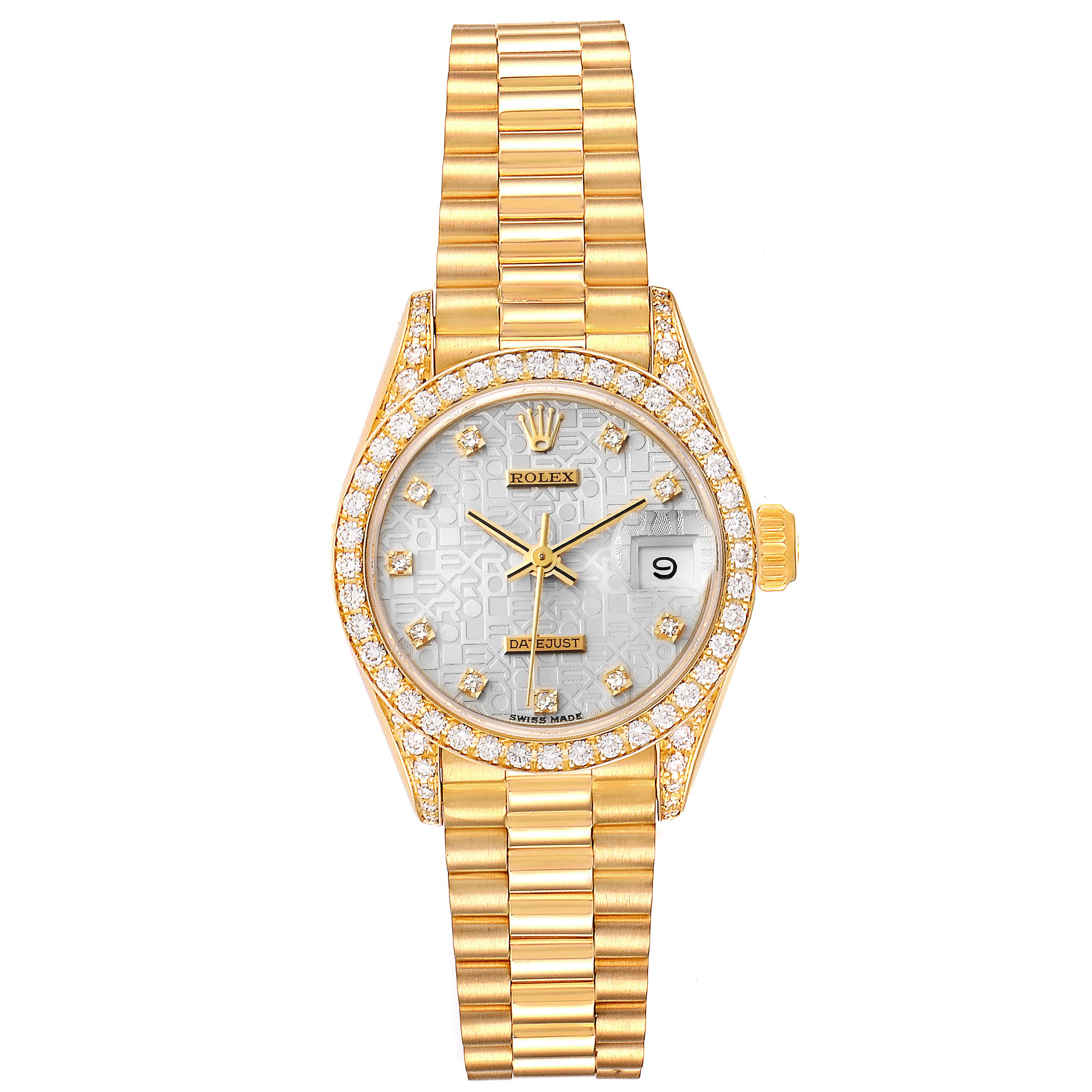 This image shows the Rolex President 69158 Women's Yellow Gold Silver Dial 69158 Women's Yellow Gold Silver Dial model watch from a top view, highlighting the watch face, bezel, and the full band.