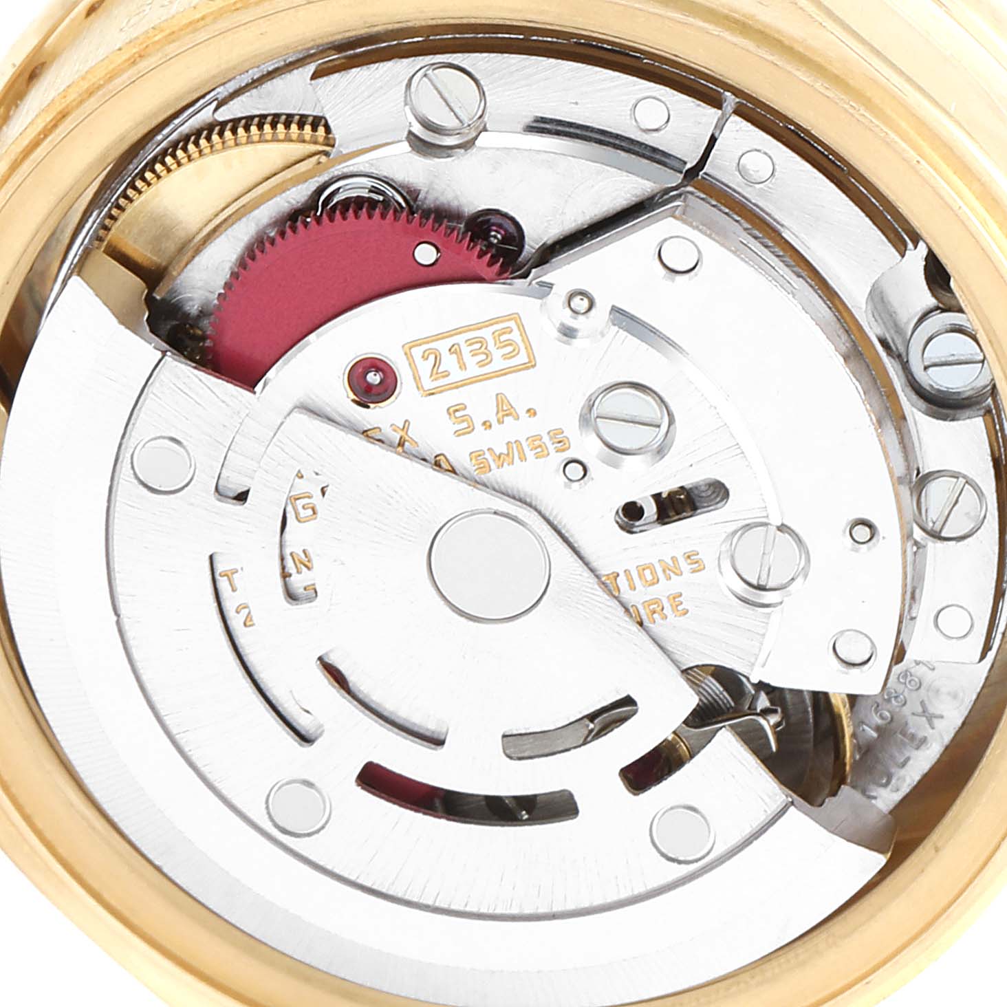 This close-up image shows the intricate internal movement parts of a Rolex President 69158 Women's Yellow Gold Silver Dial 69158 Women's Yellow Gold Silver Dial model watch.