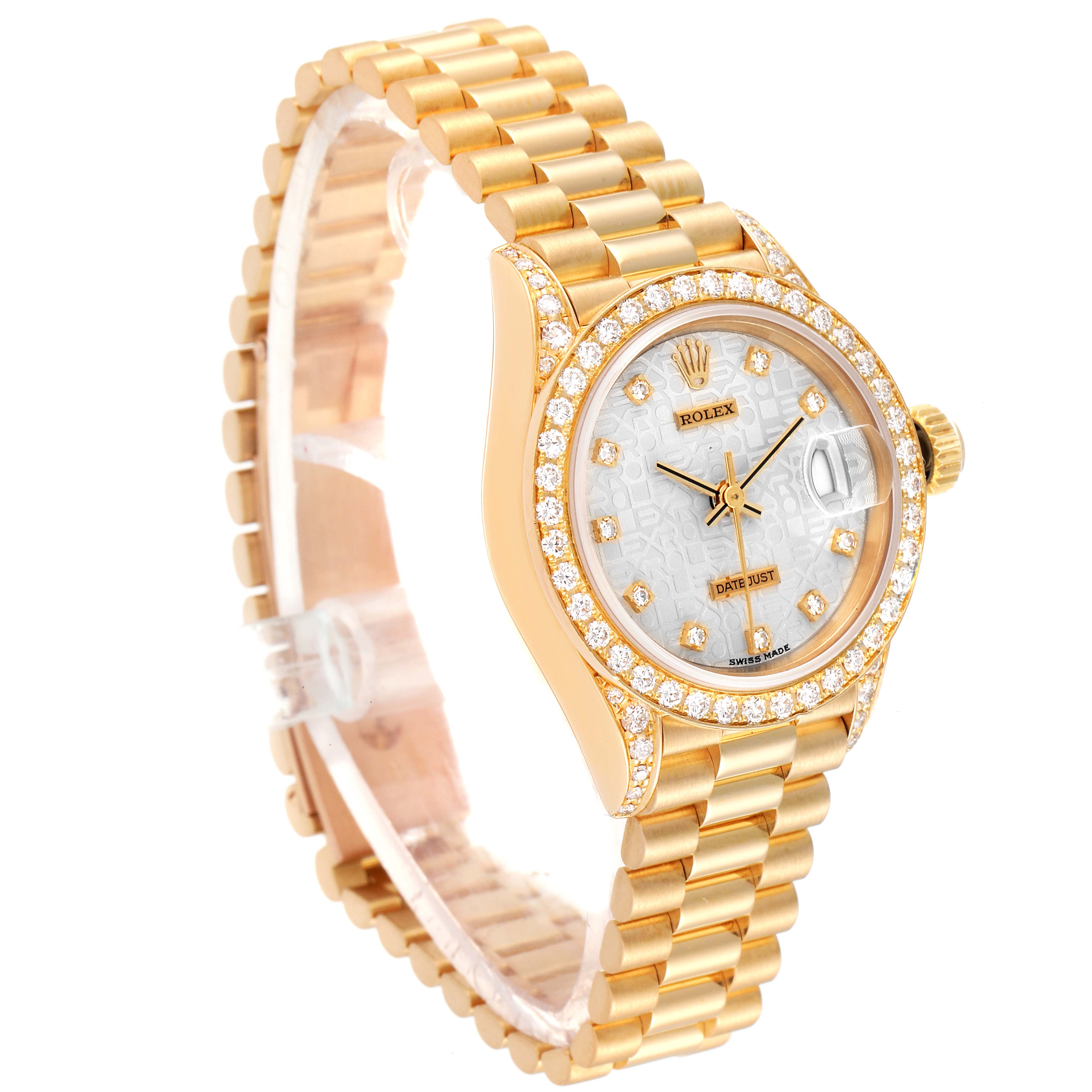 The Rolex President 69158 Women's Yellow Gold Silver Dial 69158 Women's Yellow Gold Silver Dial model watch is shown at a three-quarter angle, displaying the gold bracelet, diamond bezel, and face with date and time.