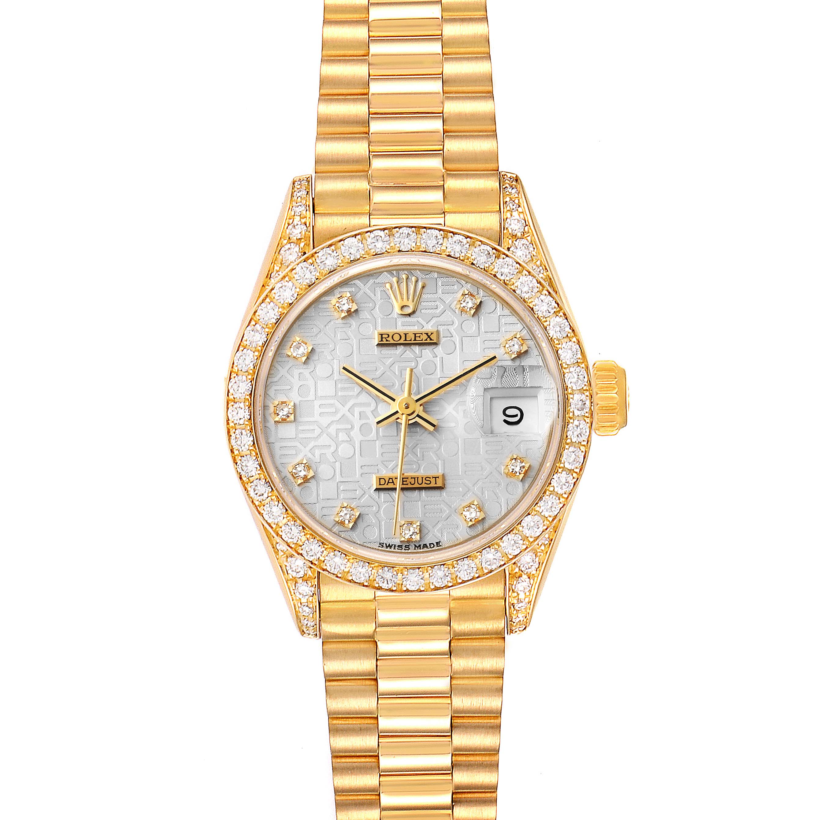 This image shows a frontal view of a Rolex President 69158 Women's Yellow Gold Silver Dial 69158 Women's Yellow Gold Silver Dial model watch, highlighting the band, dial, and bezel.