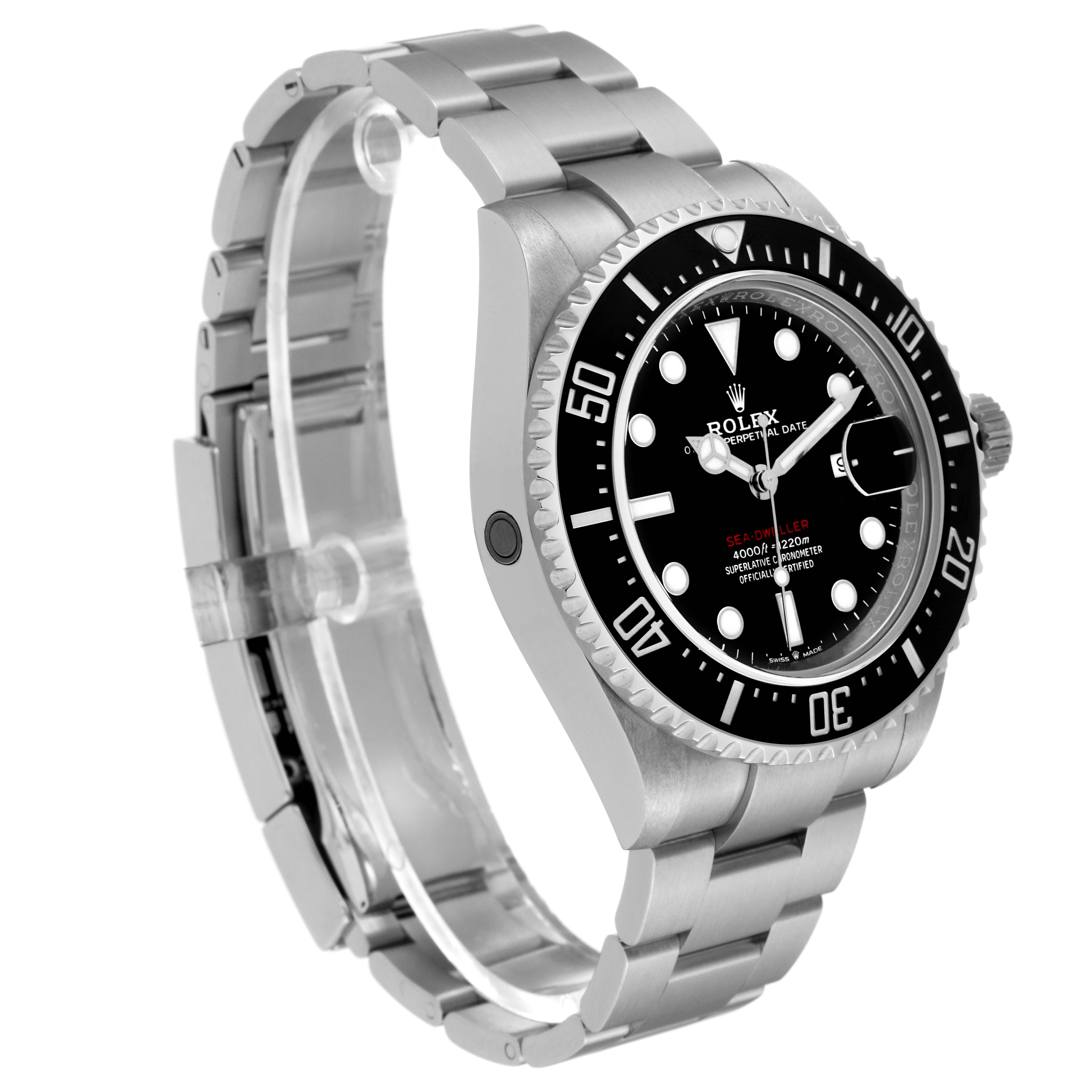 The image shows a side angle of a Rolex Sea-Dweller 126600 Men
s Stainless Steel Black Dial 126600 Men
s Stainless Steel Black Dial watch, highlighting the face, bezel, case, and bracelet.