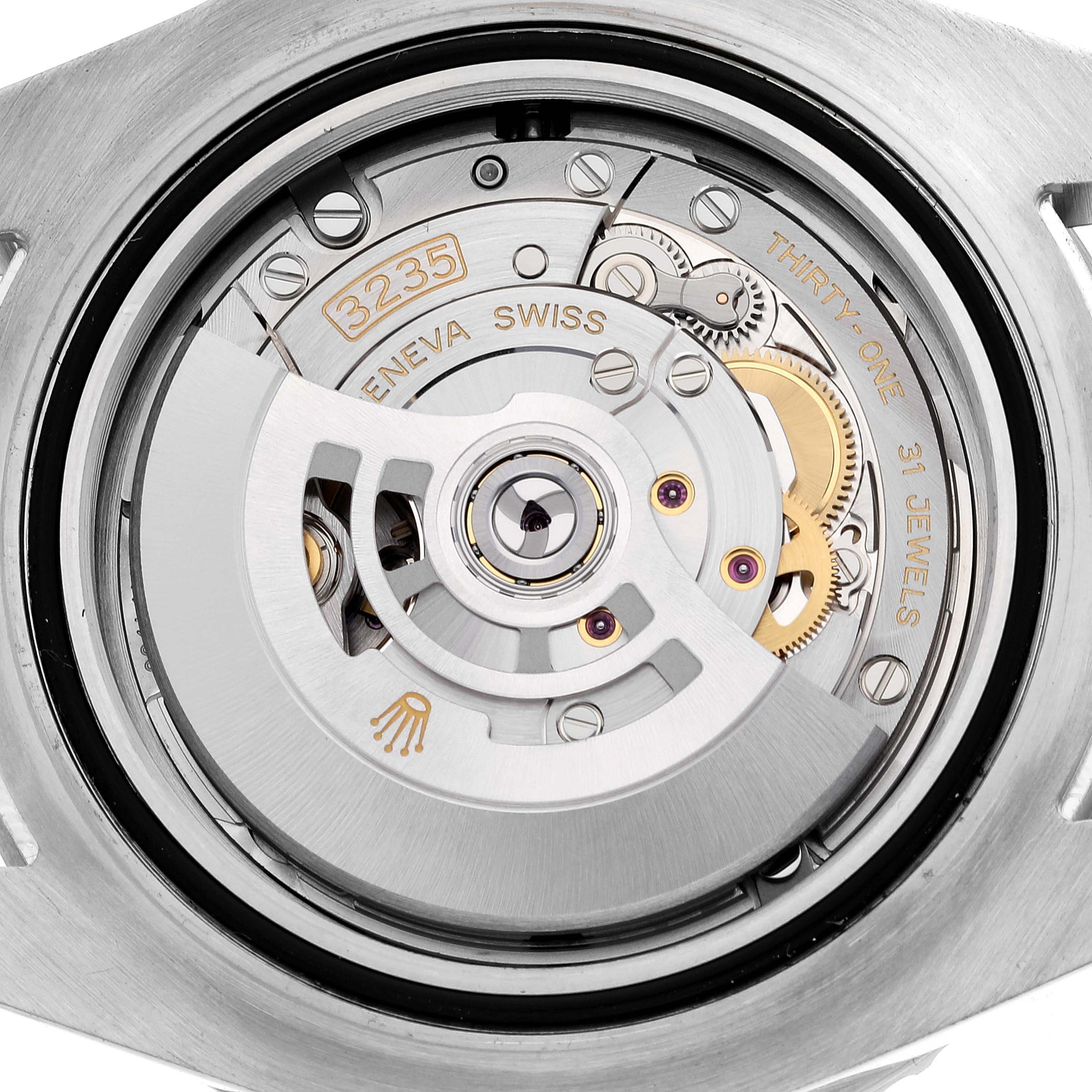 The image shows a close-up view of the movement mechanism inside the back of a Rolex Sea-Dweller 126600 Men
s Stainless Steel Black Dial 126600 Men
s Stainless Steel Black Dial watch.