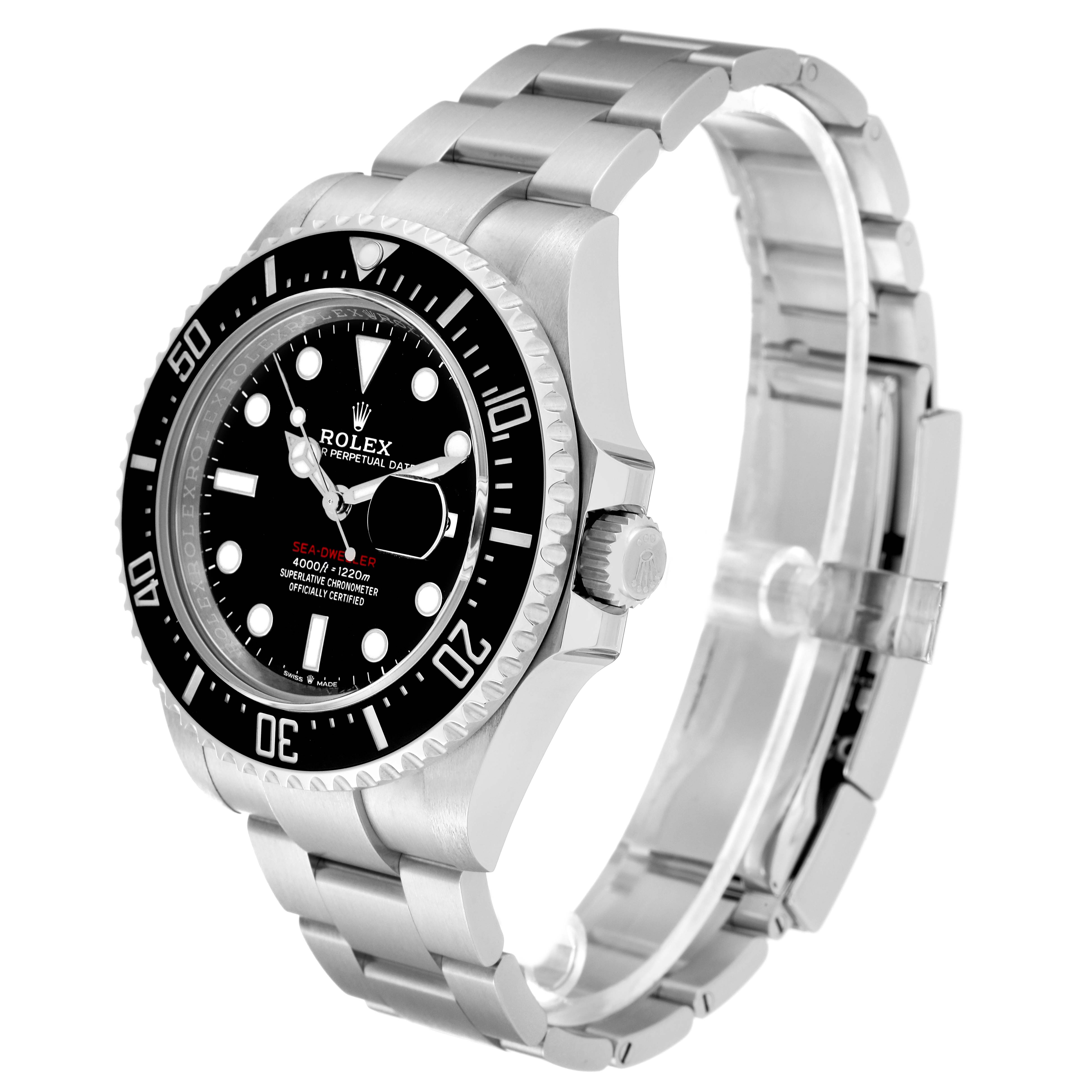The Rolex Sea-Dweller 126600 Men
s Stainless Steel Black Dial 126600 Men
s Stainless Steel Black Dial watch is shown at a slight side angle, highlighting its bezel, dial, crown, and bracelet.