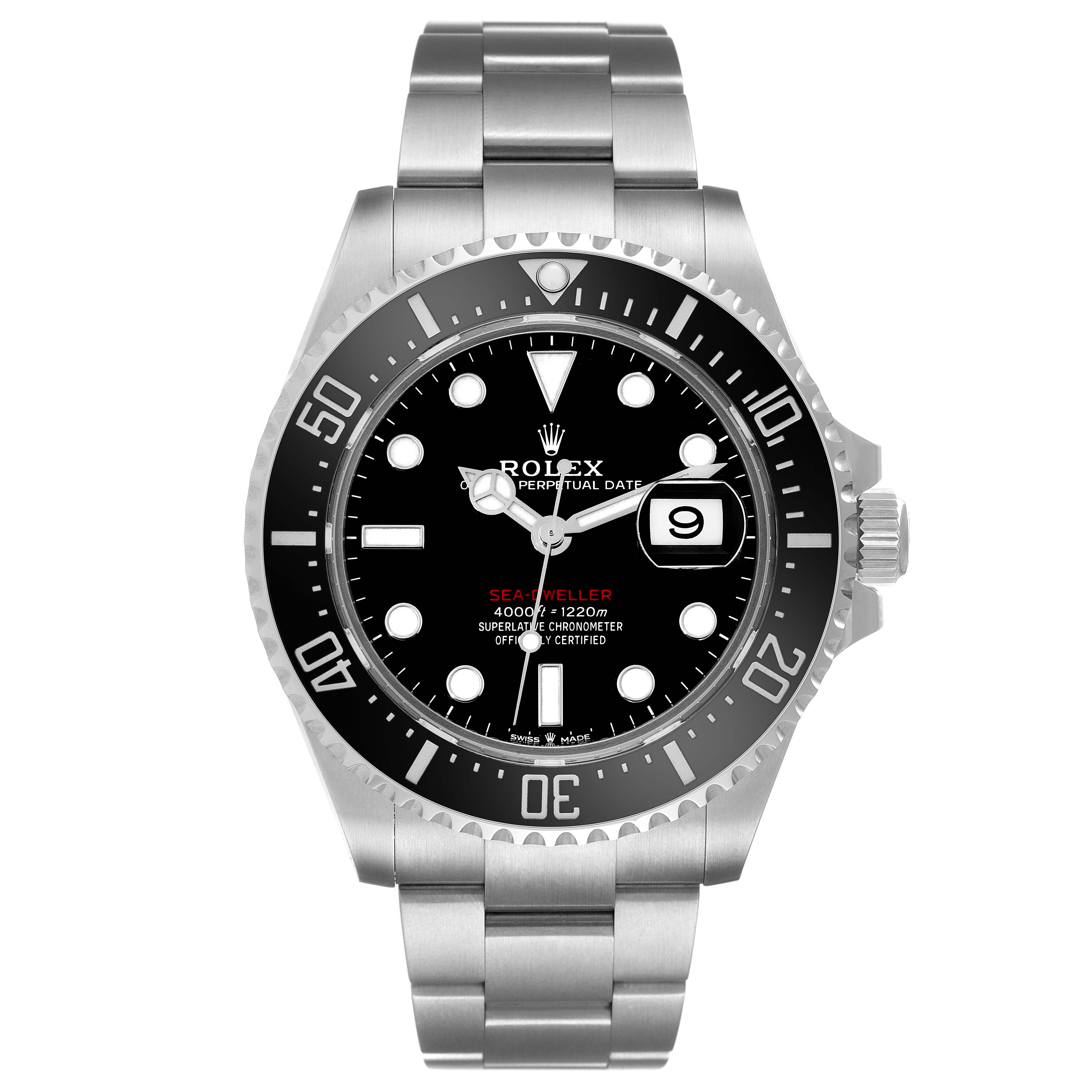 The image shows a front view of a Rolex Sea-Dweller 126600 Men
s Stainless Steel Black Dial 126600 Men
s Stainless Steel Black Dial watch, displaying its dial, bezel, and bracelet.