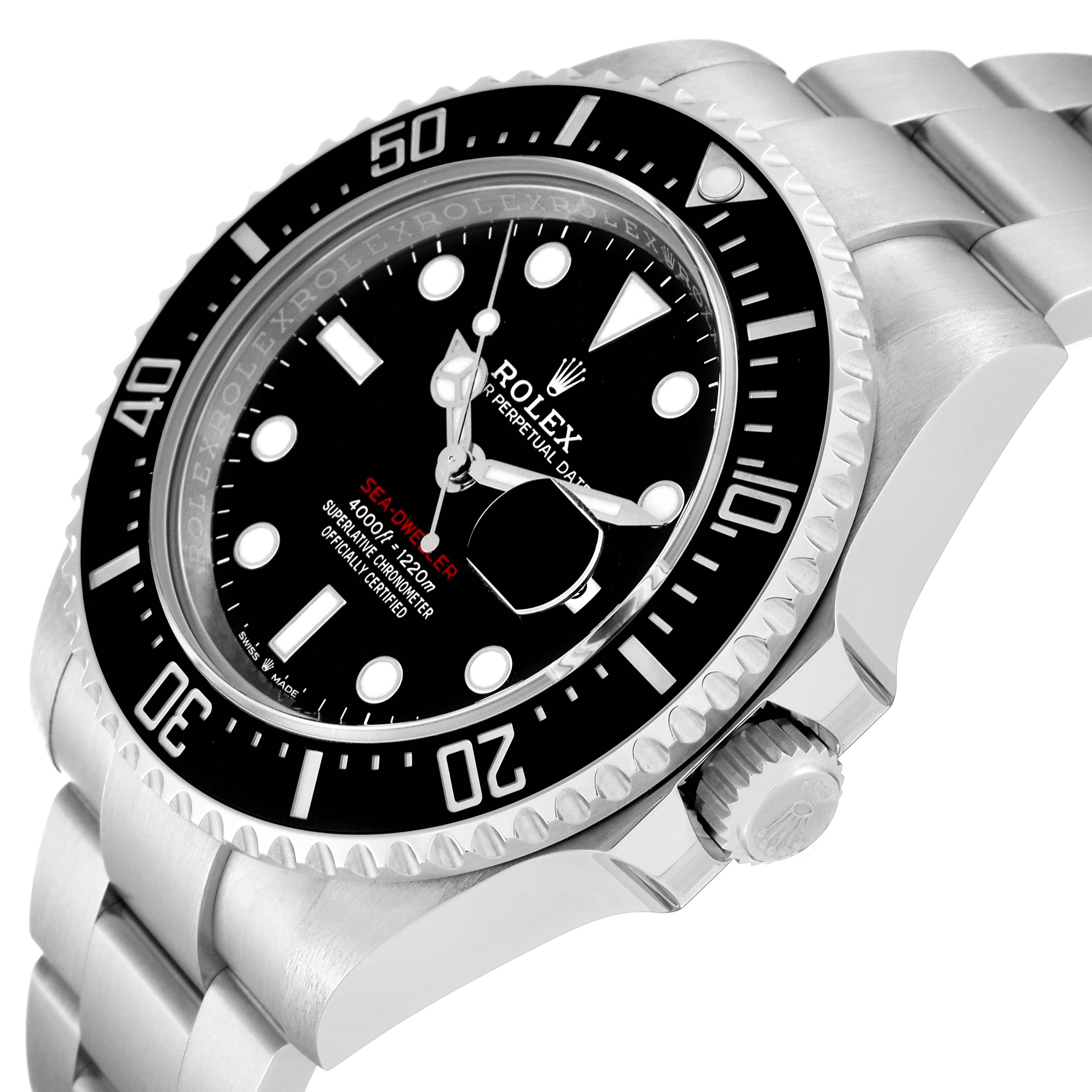 This angled view shows the face, bezel, crown, and part of the bracelet of the Rolex Sea-Dweller 126600 Men
s Stainless Steel Black Dial 126600 Men
s Stainless Steel Black Dial watch.