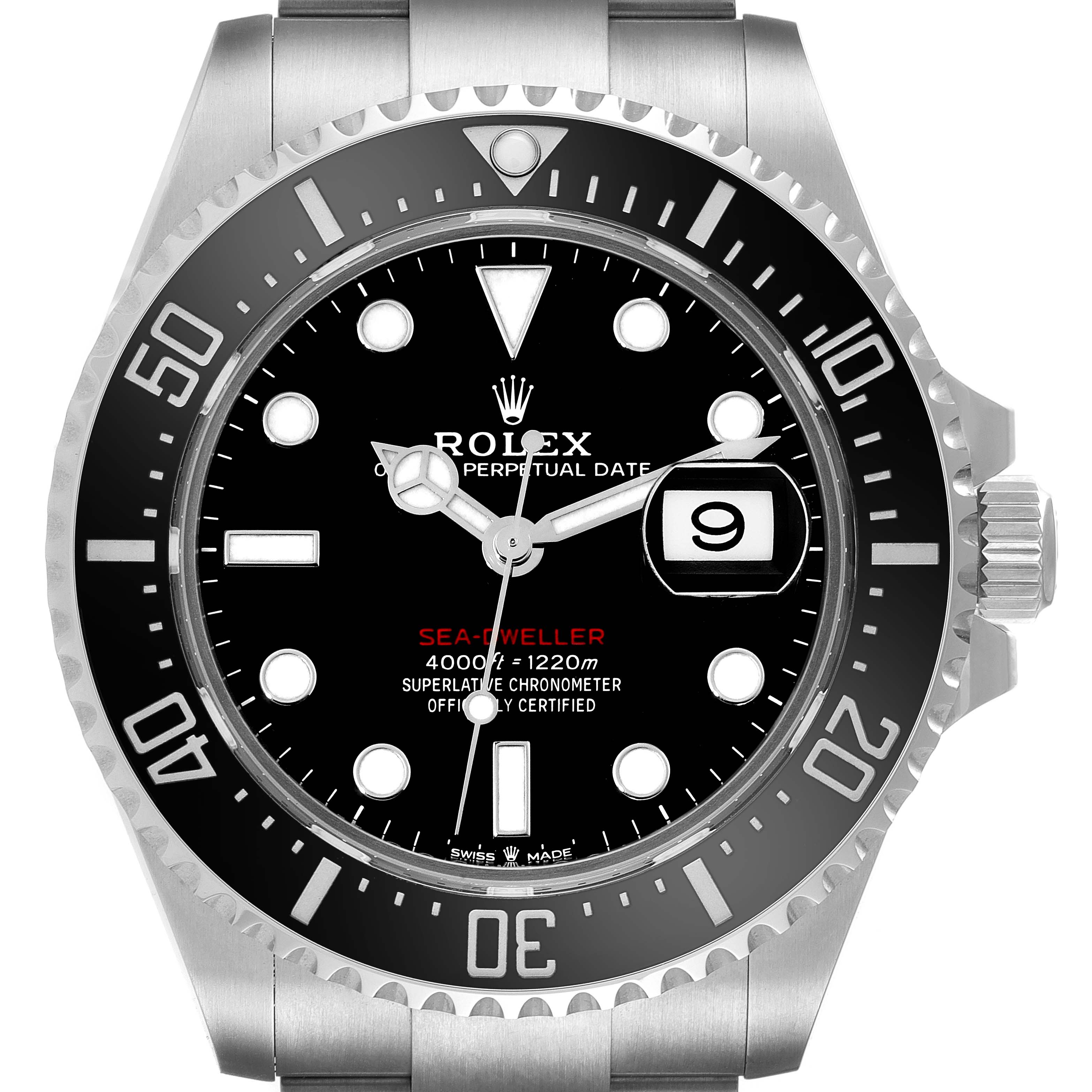 The image shows a front view of a Rolex Sea-Dweller 126600 Men
s Stainless Steel Black Dial 126600 Men
s Stainless Steel Black Dial watch, highlighting the dial, bezel, and bracelet.