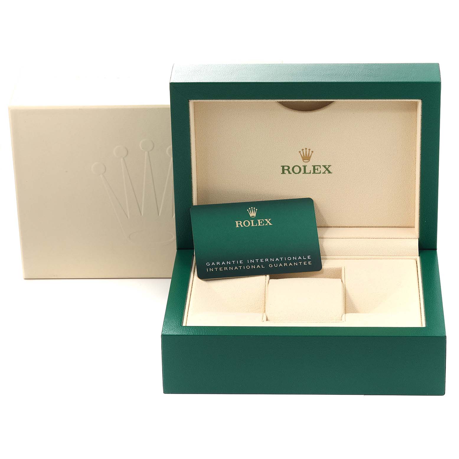 The image shows a Rolex Sea-Dweller 126600 Men
s Stainless Steel Black Dial 126600 Men
s Stainless Steel Black Dial box and international guarantee card, with the box open to reveal its interior.