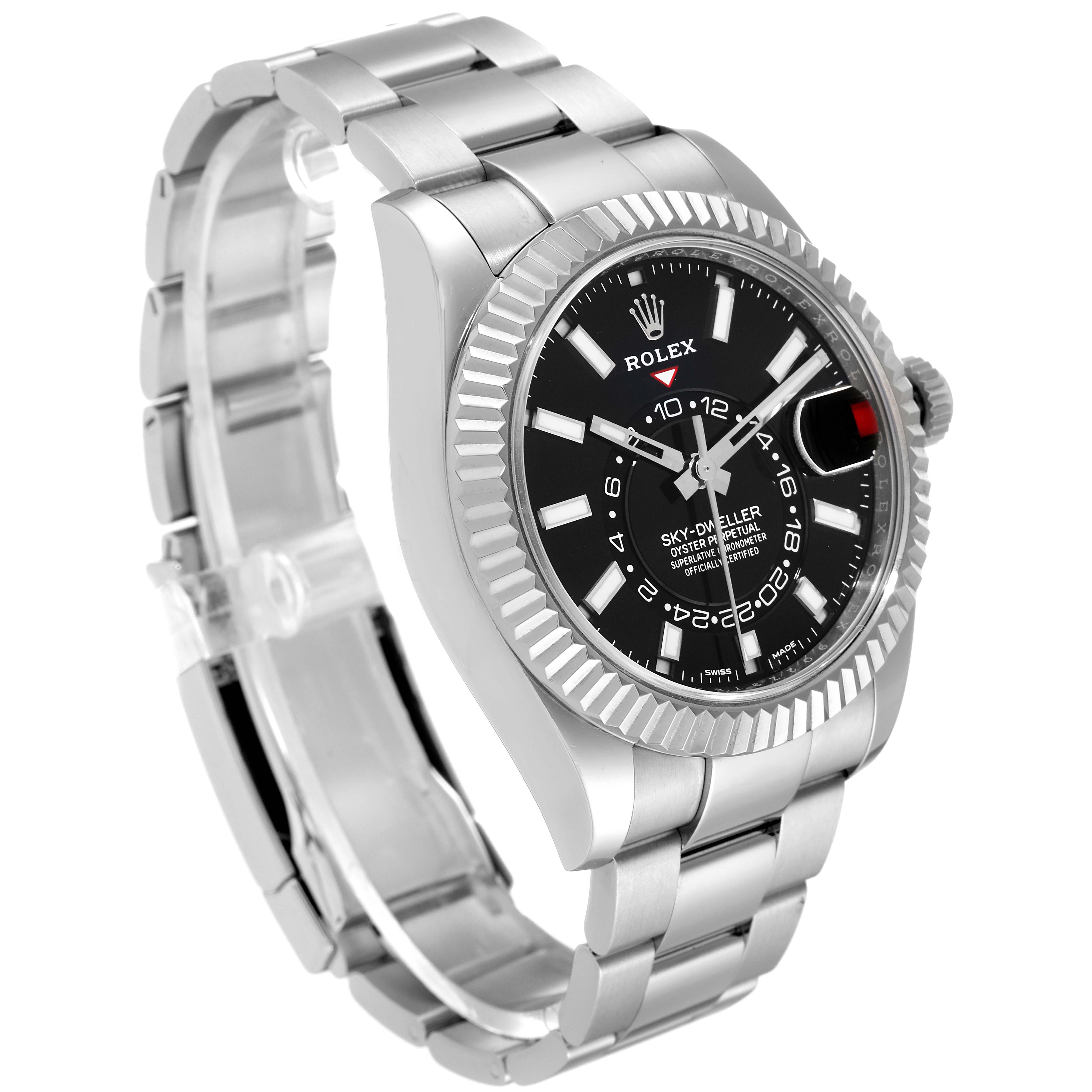 The image shows a Rolex Sky-Dweller 326934 Men's Stainless Steel Black Dial 326934 Men's Stainless Steel Black Dial watch at a slight angle, highlighting the face, bezel, and bracelet.