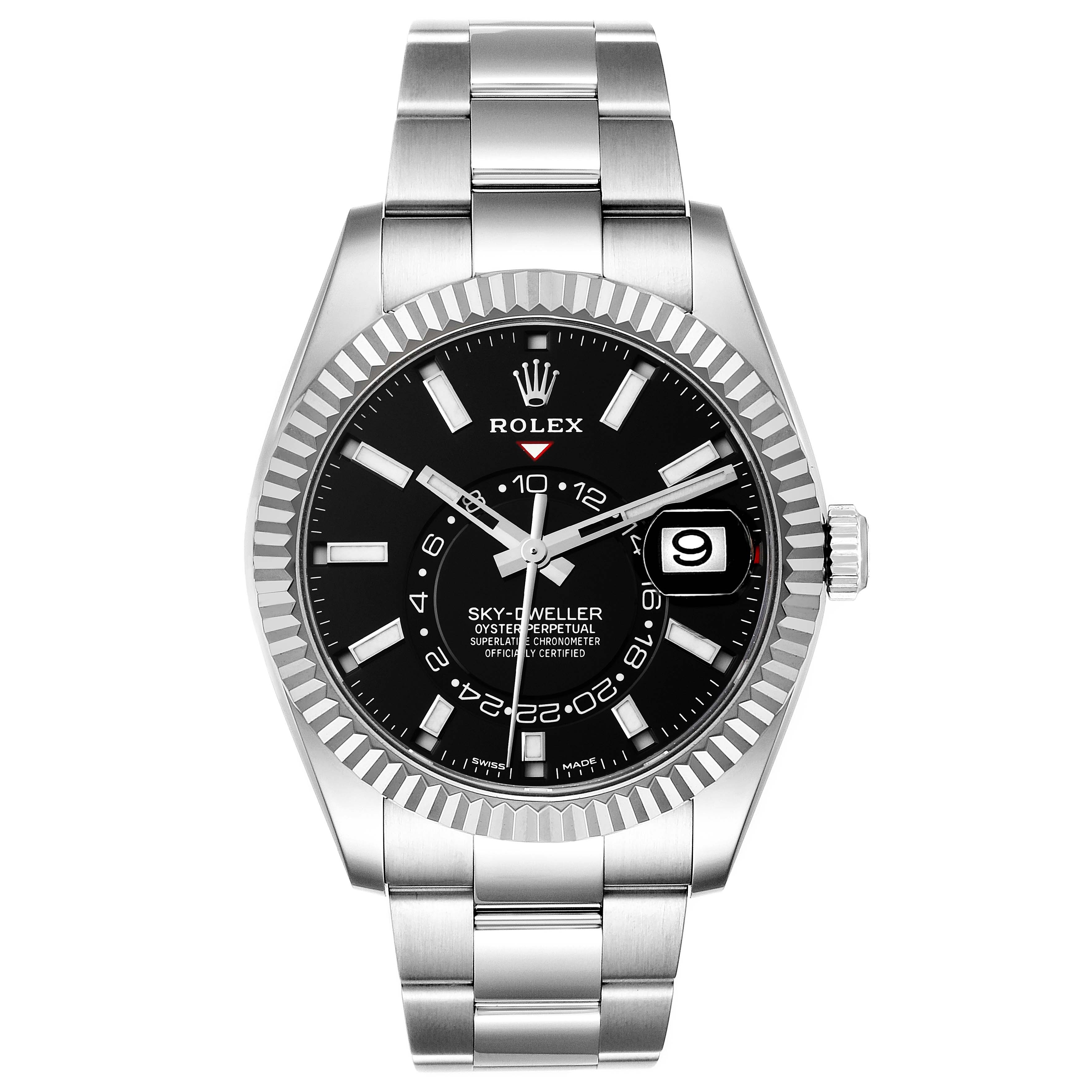 This image shows a front view of the Rolex Sky-Dweller 326934 Men's Stainless Steel Black Dial 326934 Men's Stainless Steel Black Dial watch, displaying its dial, hands, bezel, and bracelet.