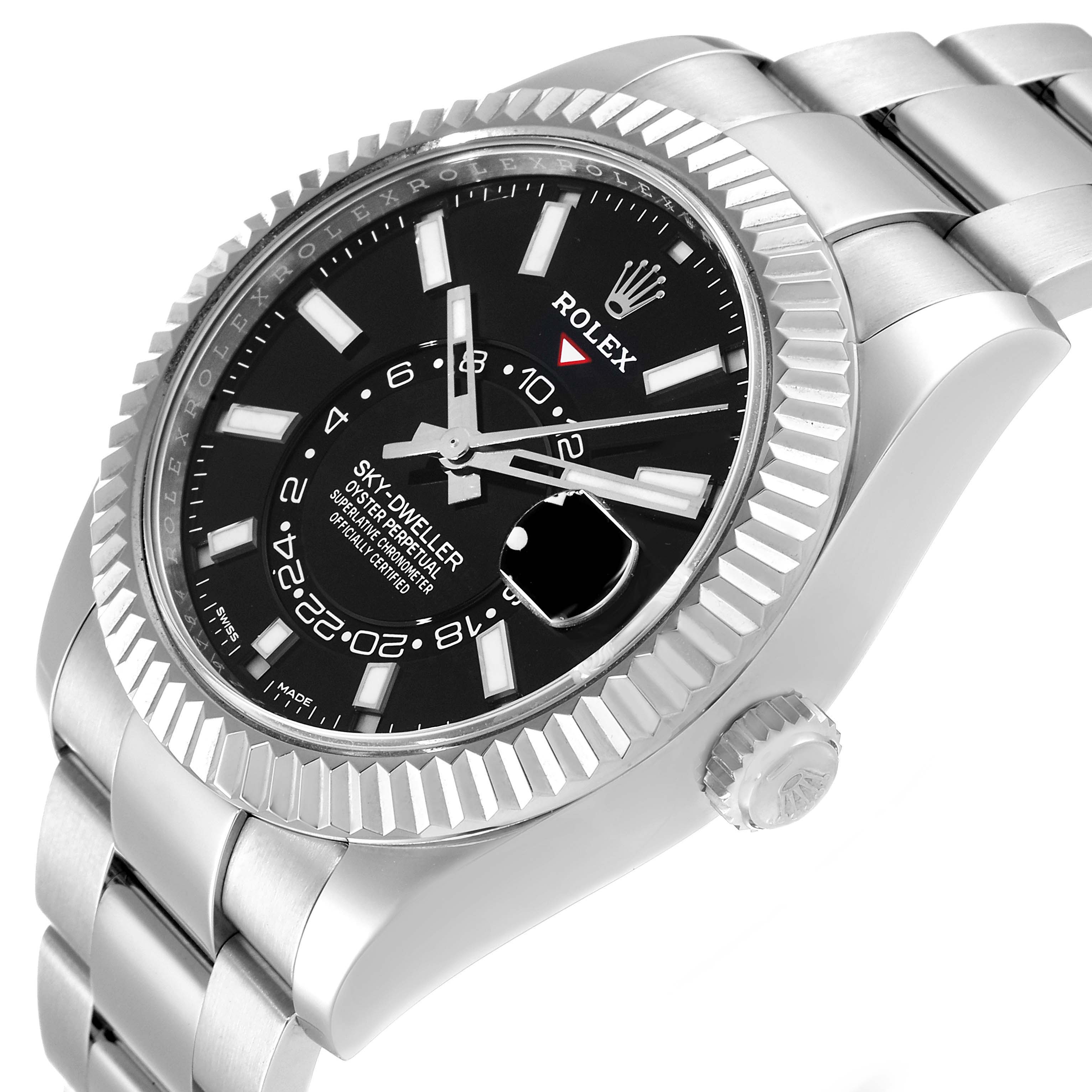 The Rolex Sky-Dweller 326934 Men's Stainless Steel Black Dial 326934 Men's Stainless Steel Black Dial watch is viewed at an angle, showing the dial, hands, crown, bezel, and part of the bracelet.