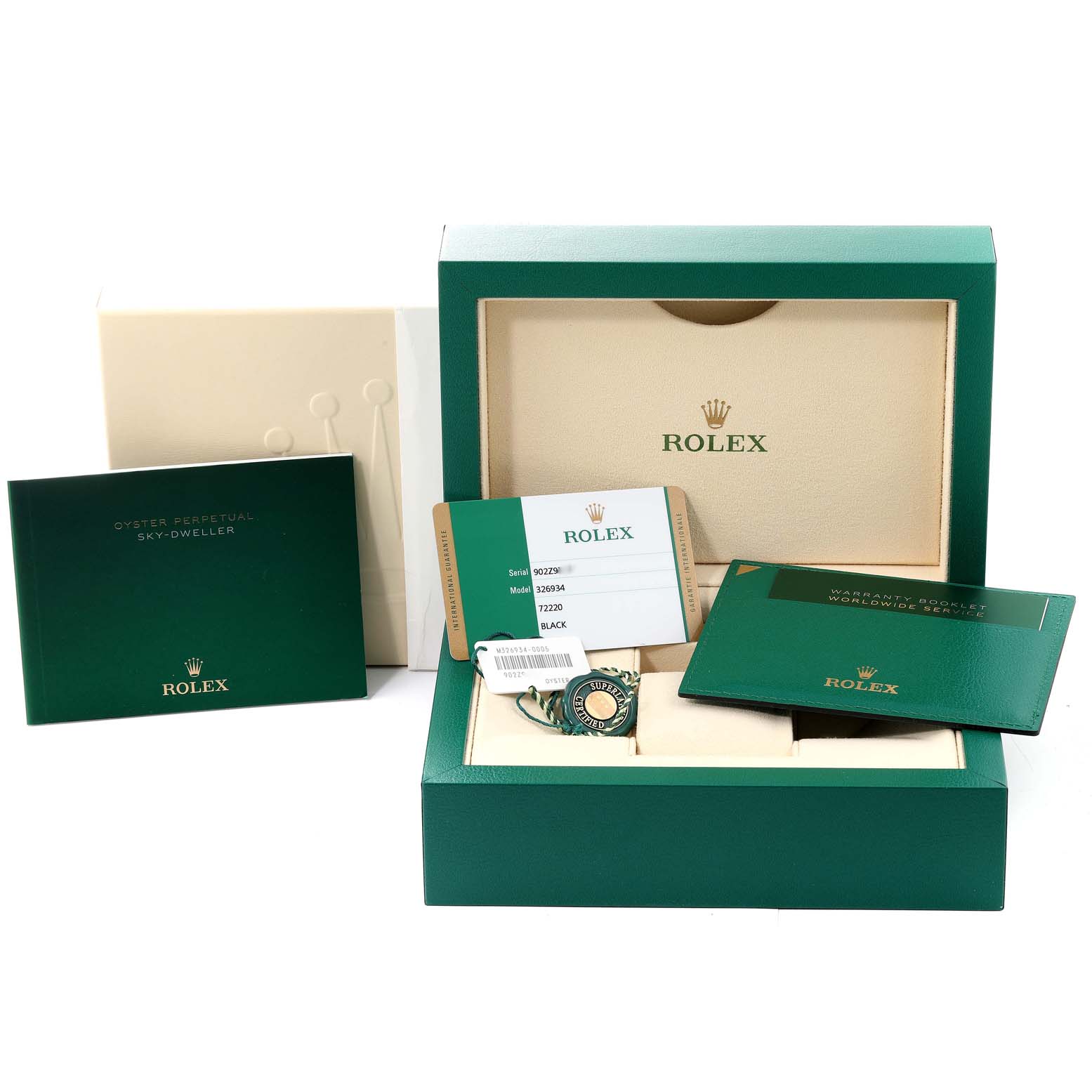 The image shows the packaging and accessories for the Rolex Sky-Dweller 326934 Men's Stainless Steel Black Dial 326934 Men's Stainless Steel Black Dial, including the box, manuals, warranty card, and tags.