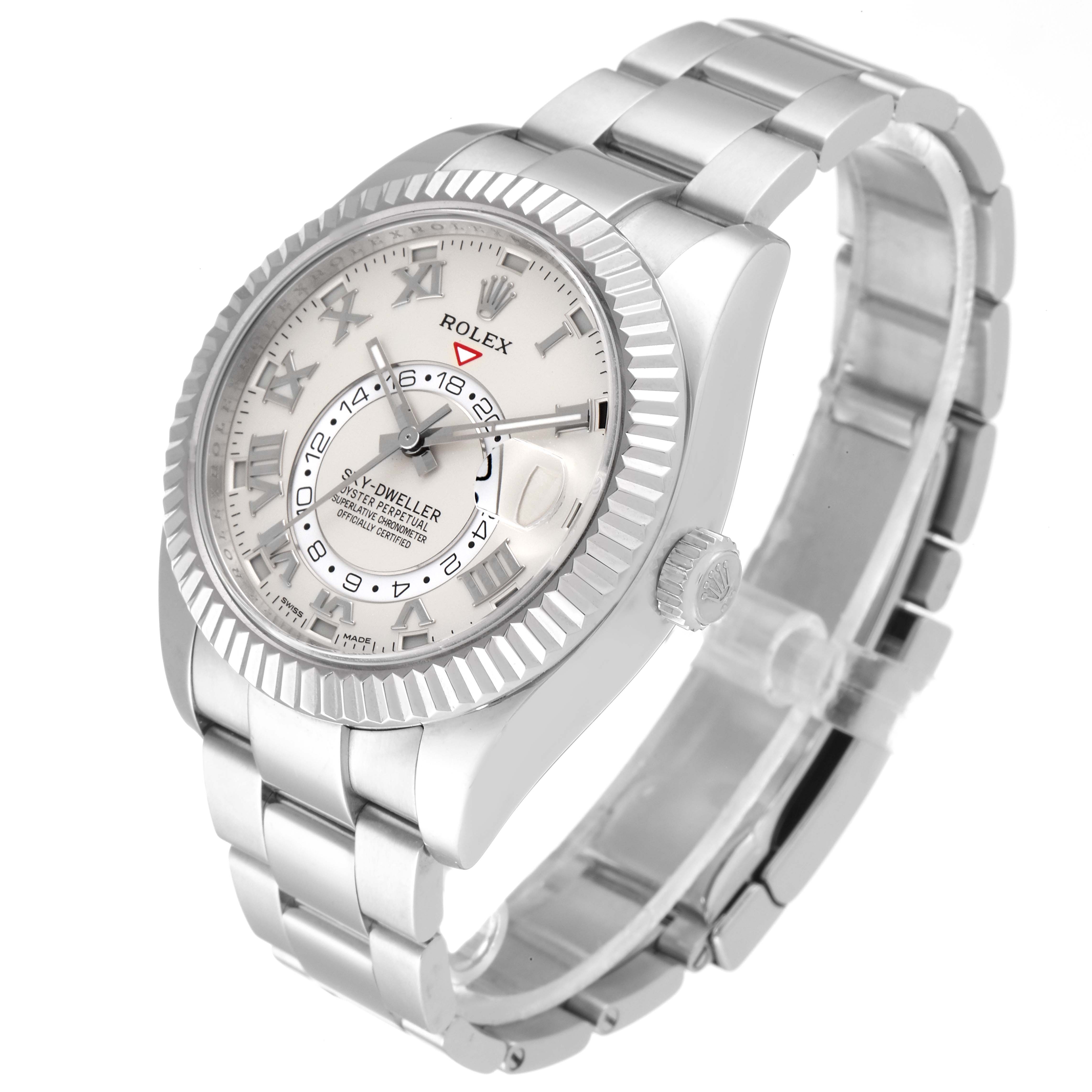 The Rolex Sky-Dweller 326939 Men's White Gold White Dial 326939 Men's White Gold White Dial is shown at a slight angle from above, displaying the face, bezel, crown, and bracelet.