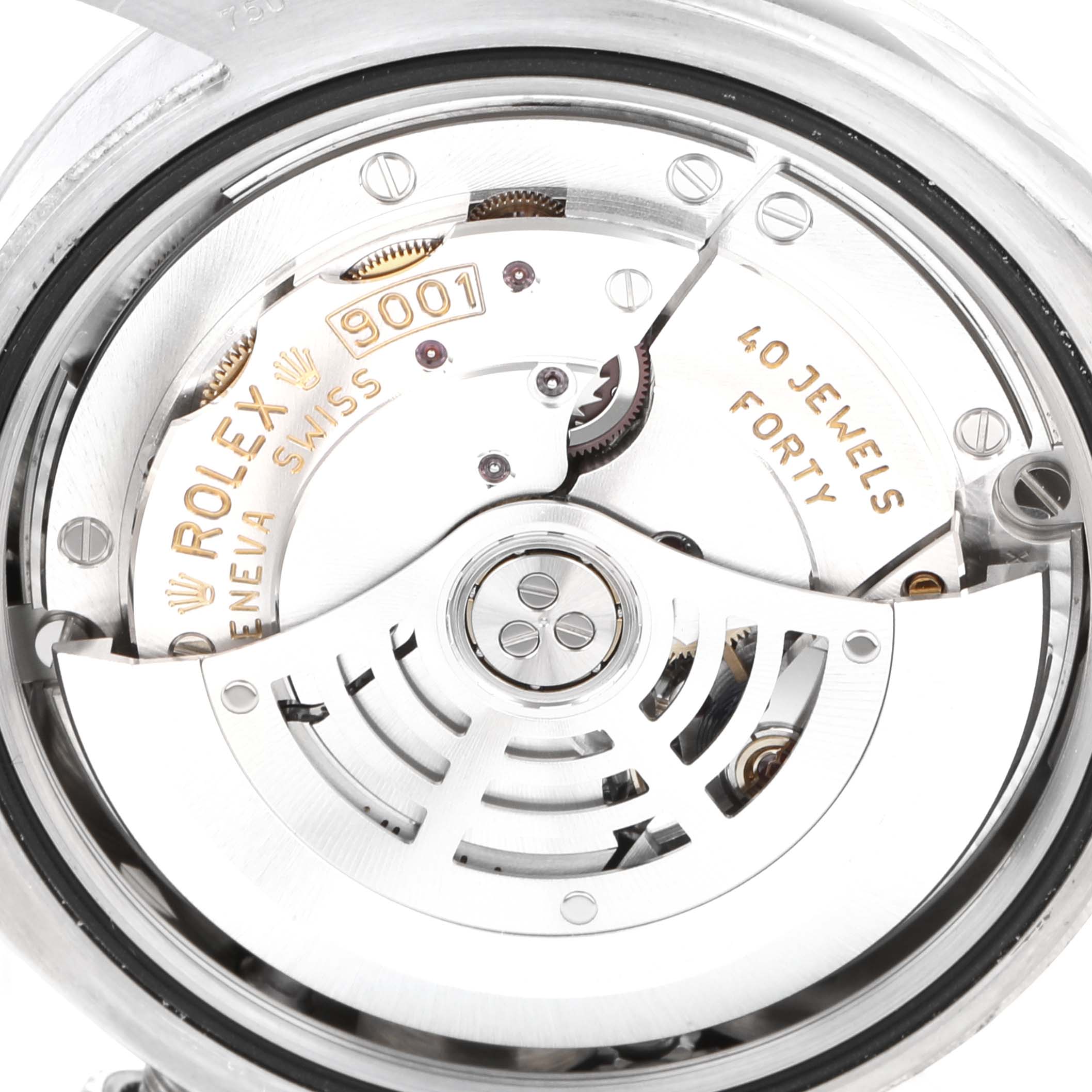 The image shows a close-up of the movement mechanism of a Rolex Sky-Dweller 326939 Men's White Gold White Dial 326939 Men's White Gold White Dial watch, highlighting the rotor, gears, and inscriptions.