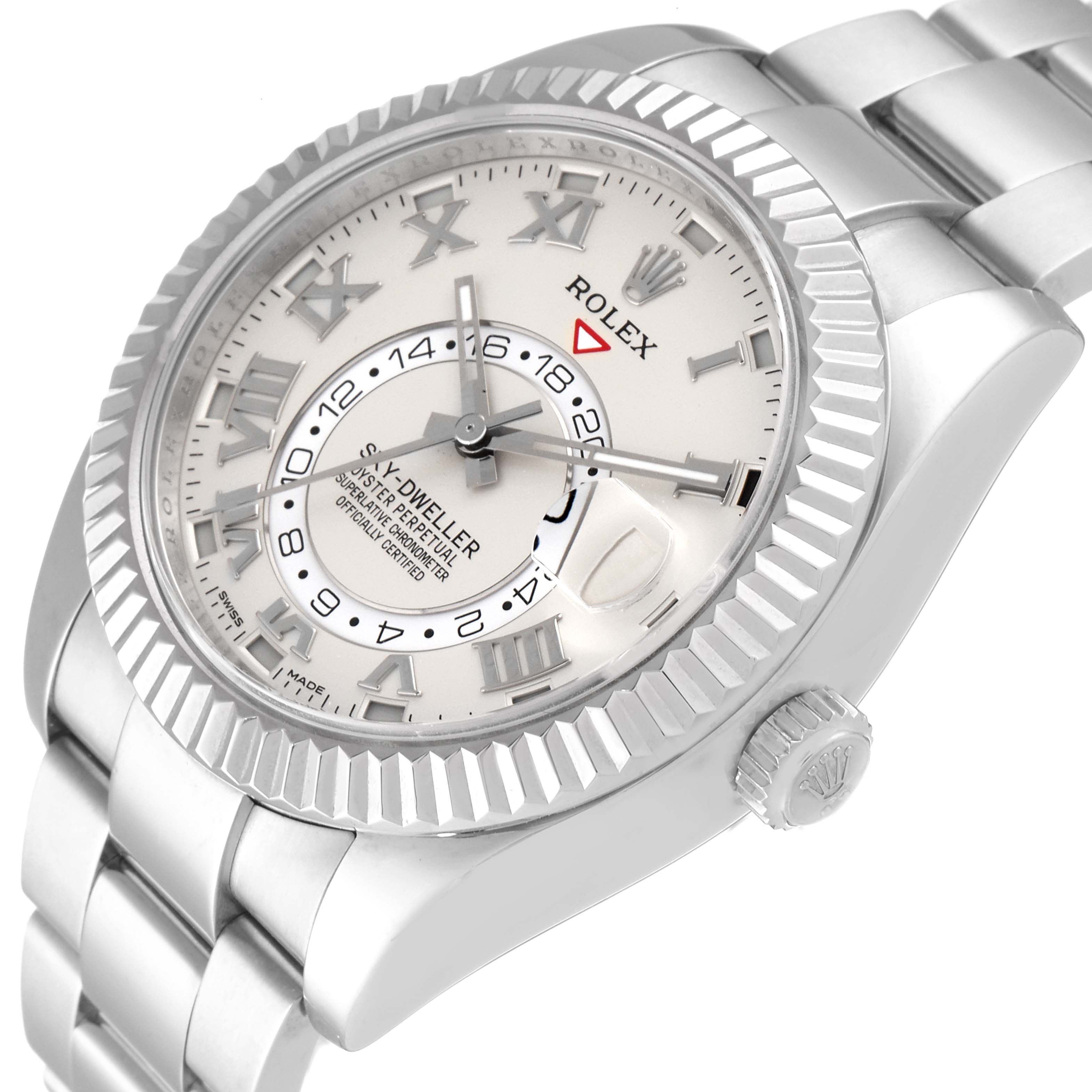 This image shows a Rolex Sky-Dweller 326939 Men's White Gold White Dial 326939 Men's White Gold White Dial watch at an angled side view, highlighting the bezel, dial, and bracelet.