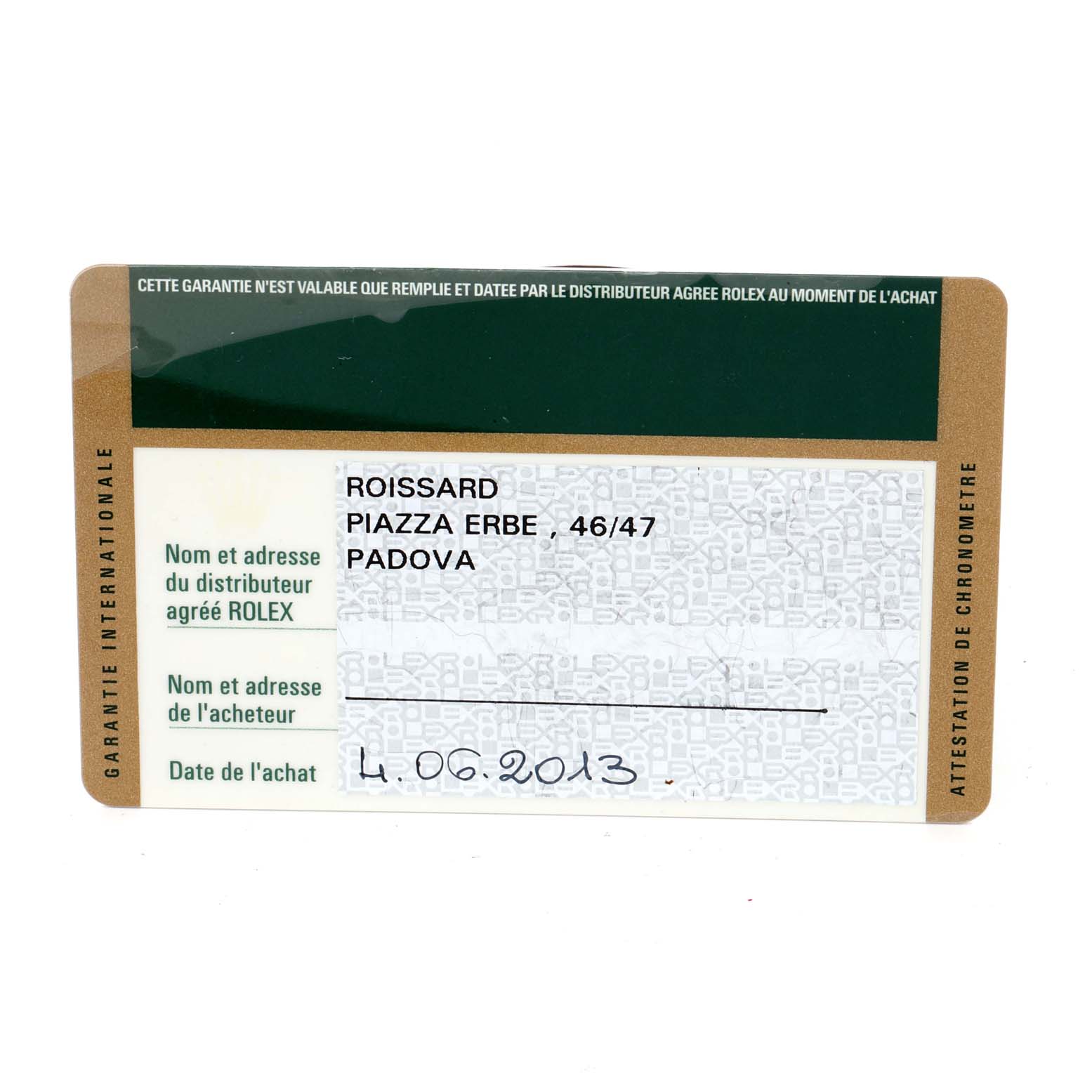 This image shows a warranty card for a Rolex Sky-Dweller 326939 Men's White Gold White Dial 326939 Men's White Gold White Dial, indicating the distributor's name, address, and purchase date.