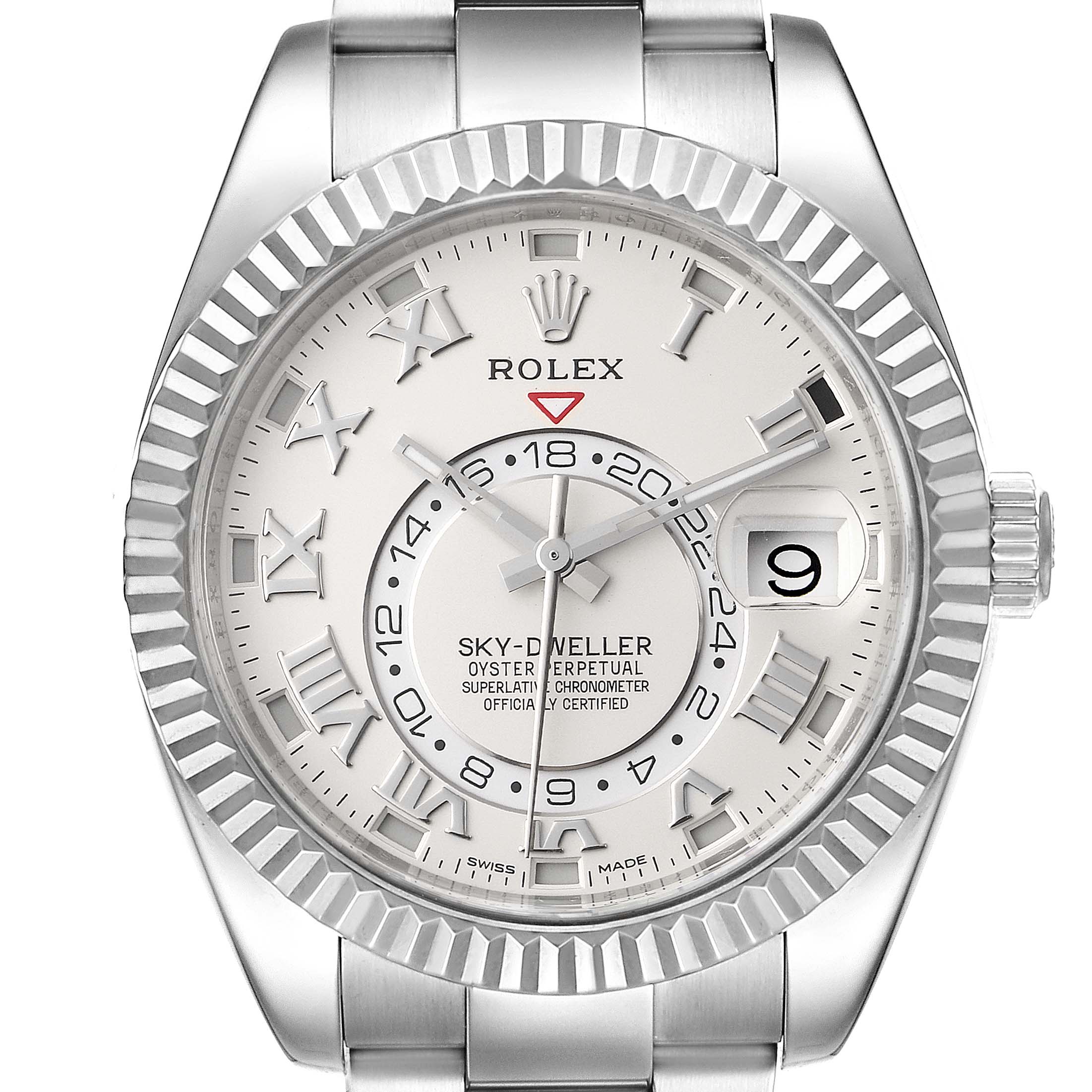This image shows a front view of the Rolex Sky-Dweller 326939 Men's White Gold White Dial 326939 Men's White Gold White Dial watch, highlighting the dial, bezel, and part of the bracelet.