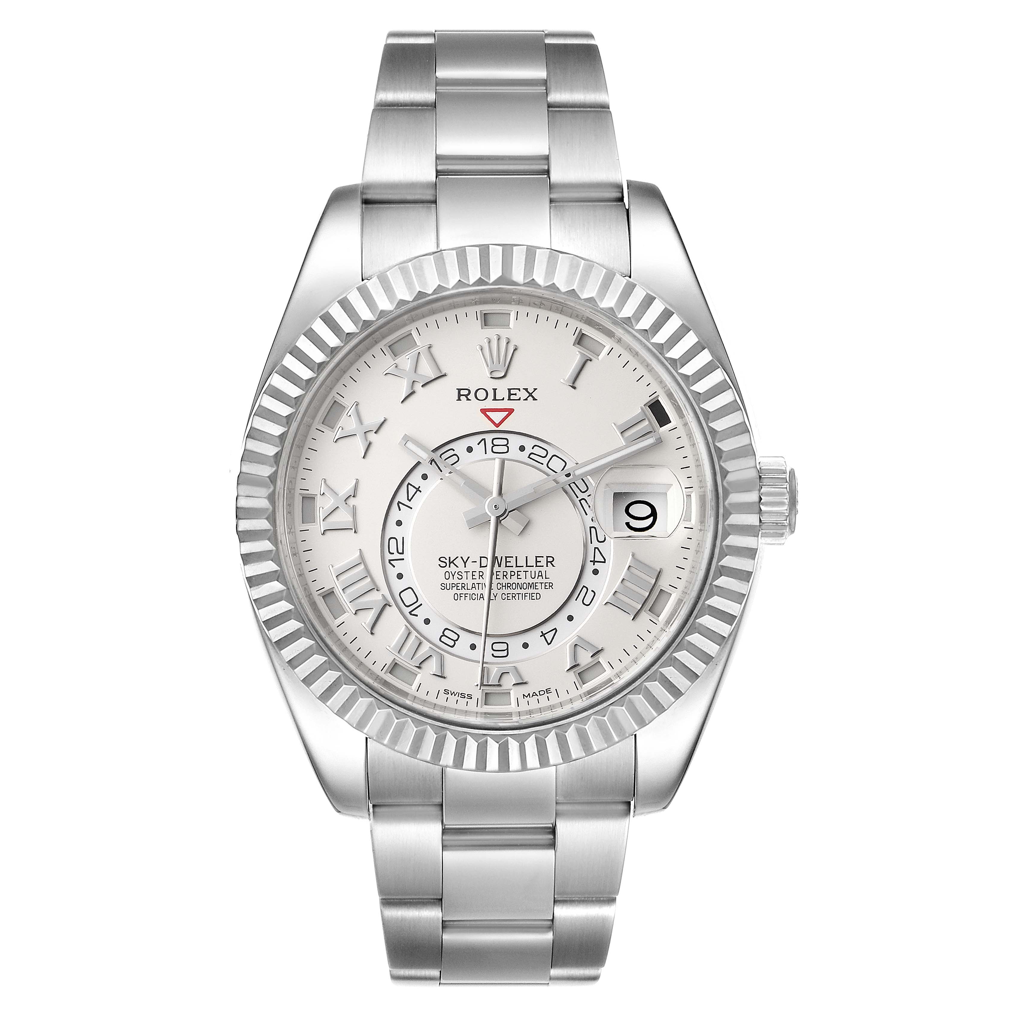 The image shows a Rolex Sky-Dweller 326939 Men's White Gold White Dial 326939 Men's White Gold White Dial watch from a front angle, showcasing the dial, bezel, and bracelet.