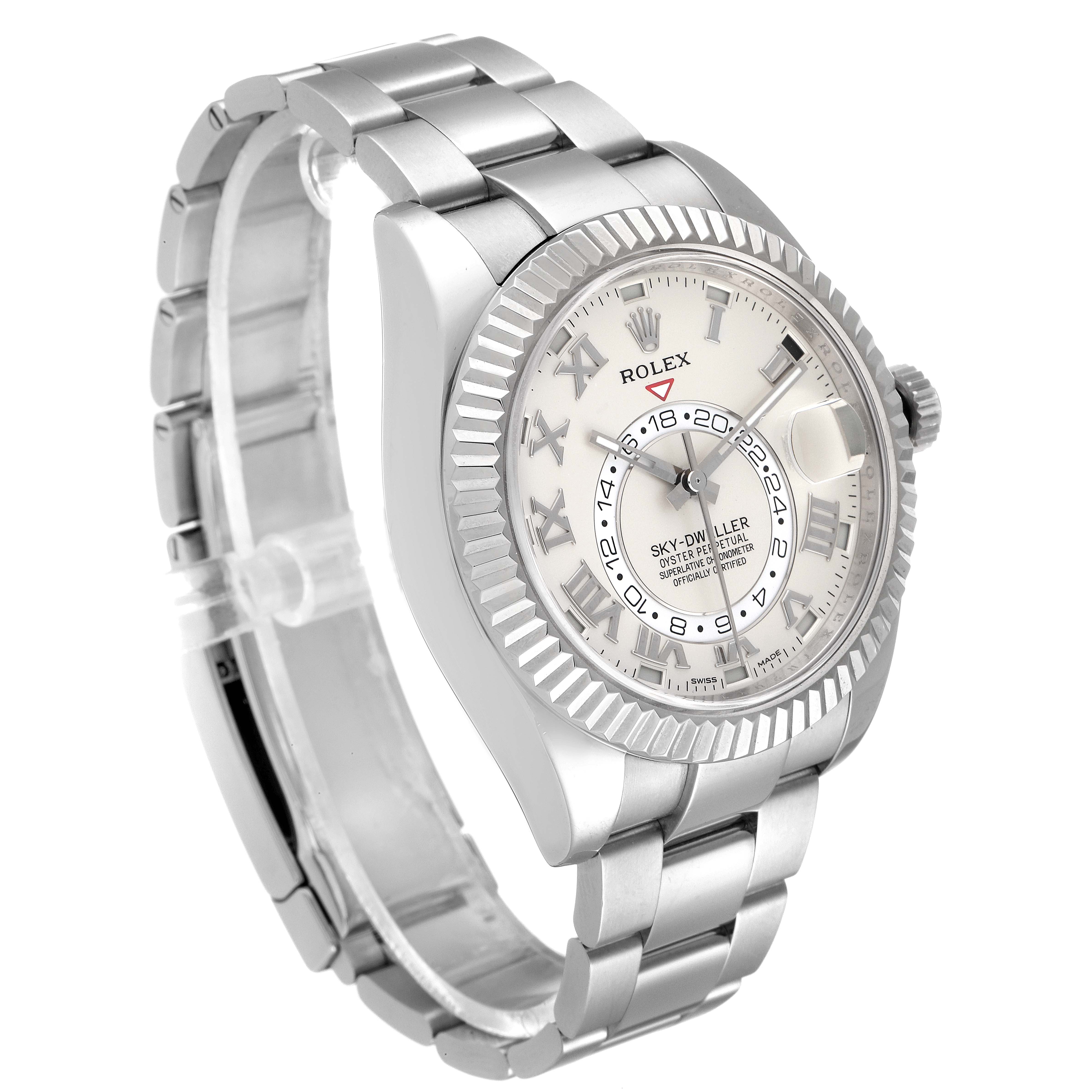 The image shows a Rolex Sky-Dweller 326939 Men's White Gold White Dial 326939 Men's White Gold White Dial watch from the side-front angle, highlighting its face, bezel, and bracelet.