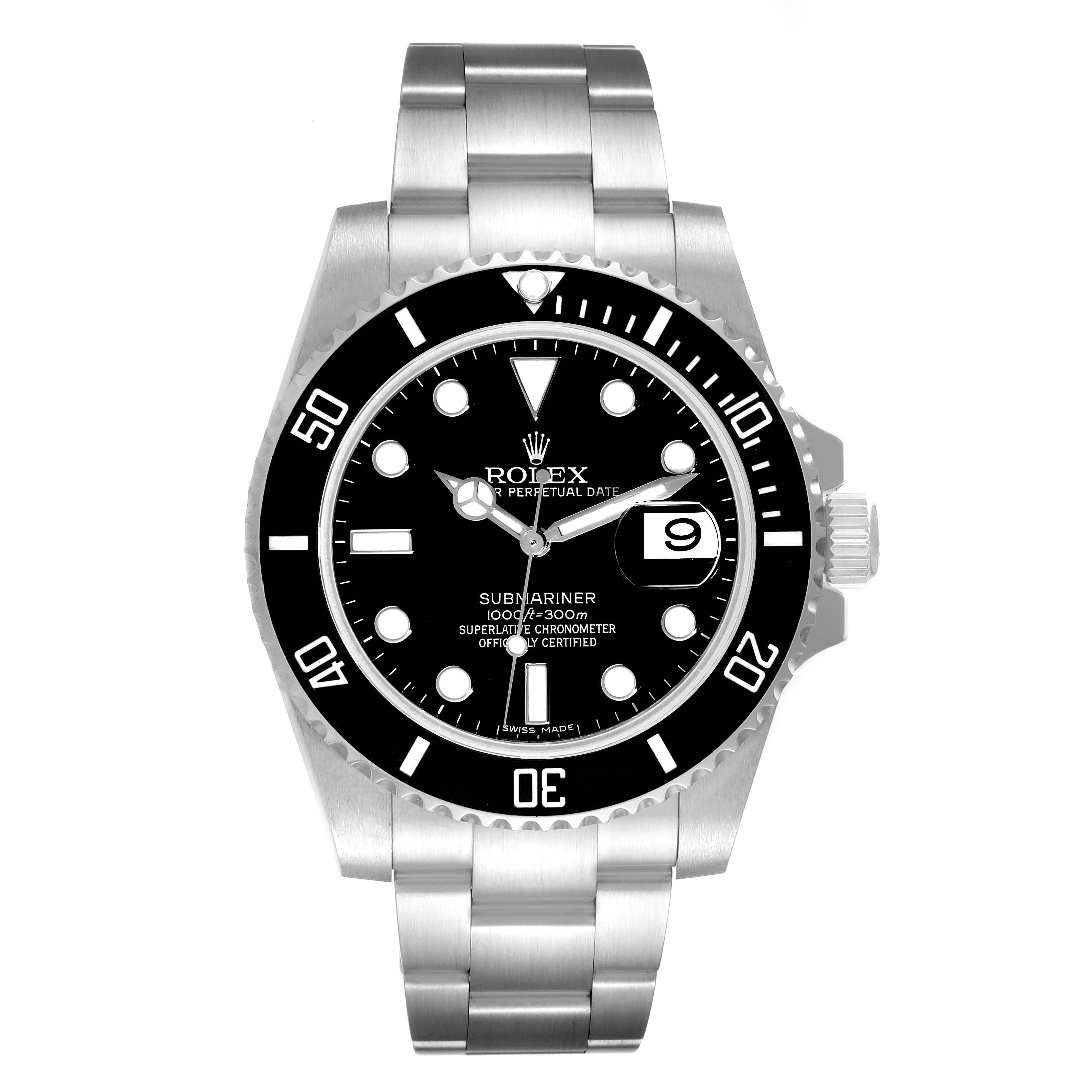 This image shows a front view of a Rolex Submariner 116610 Men
s Stainless Steel Black Dial 116610 Men
s Stainless Steel Black Dial watch, displaying the dial, bezel, and bracelet.