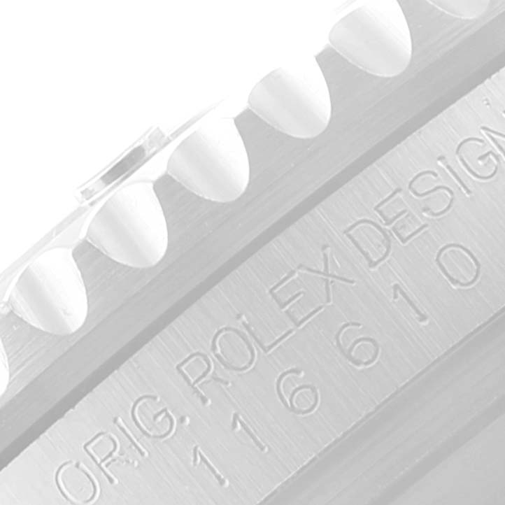 The image shows a close-up of the Rolex Submariner 116610 Men
s Stainless Steel Black Dial 116610 Men
s Stainless Steel Black Dial
s bezel edge and model engraving on the case side.